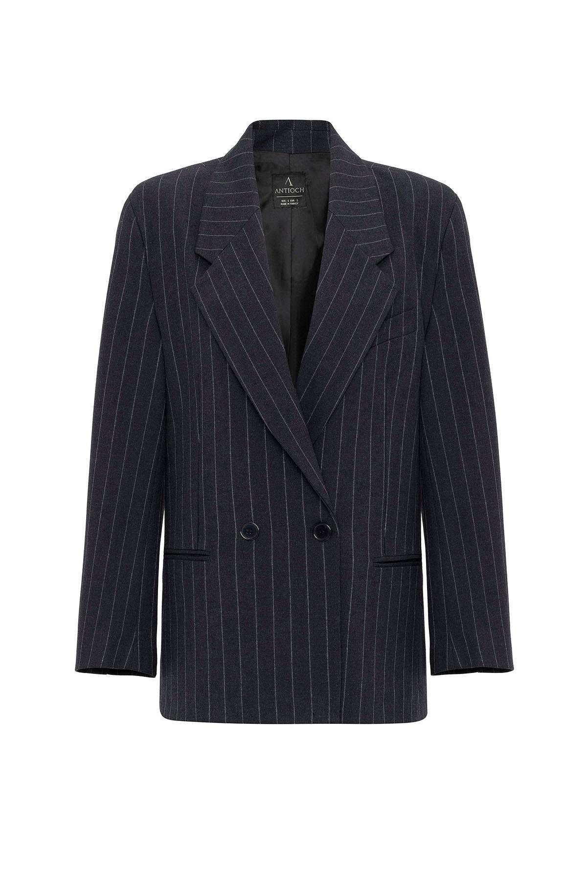 Antioch Lacivert Kadın Çizgili Oversize Blazer Ceket