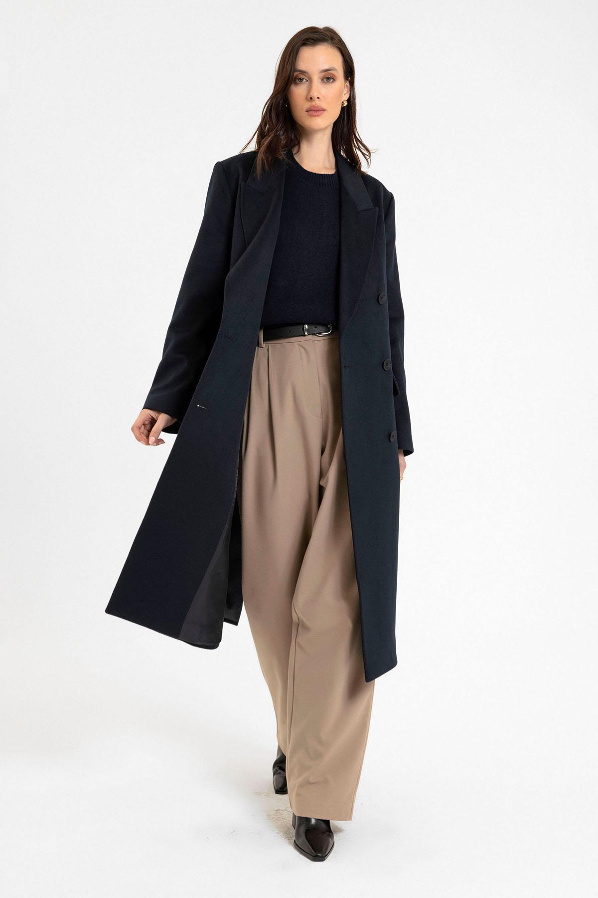 Antioch Lacivert Kadın Kruvaze Uzun Kaban