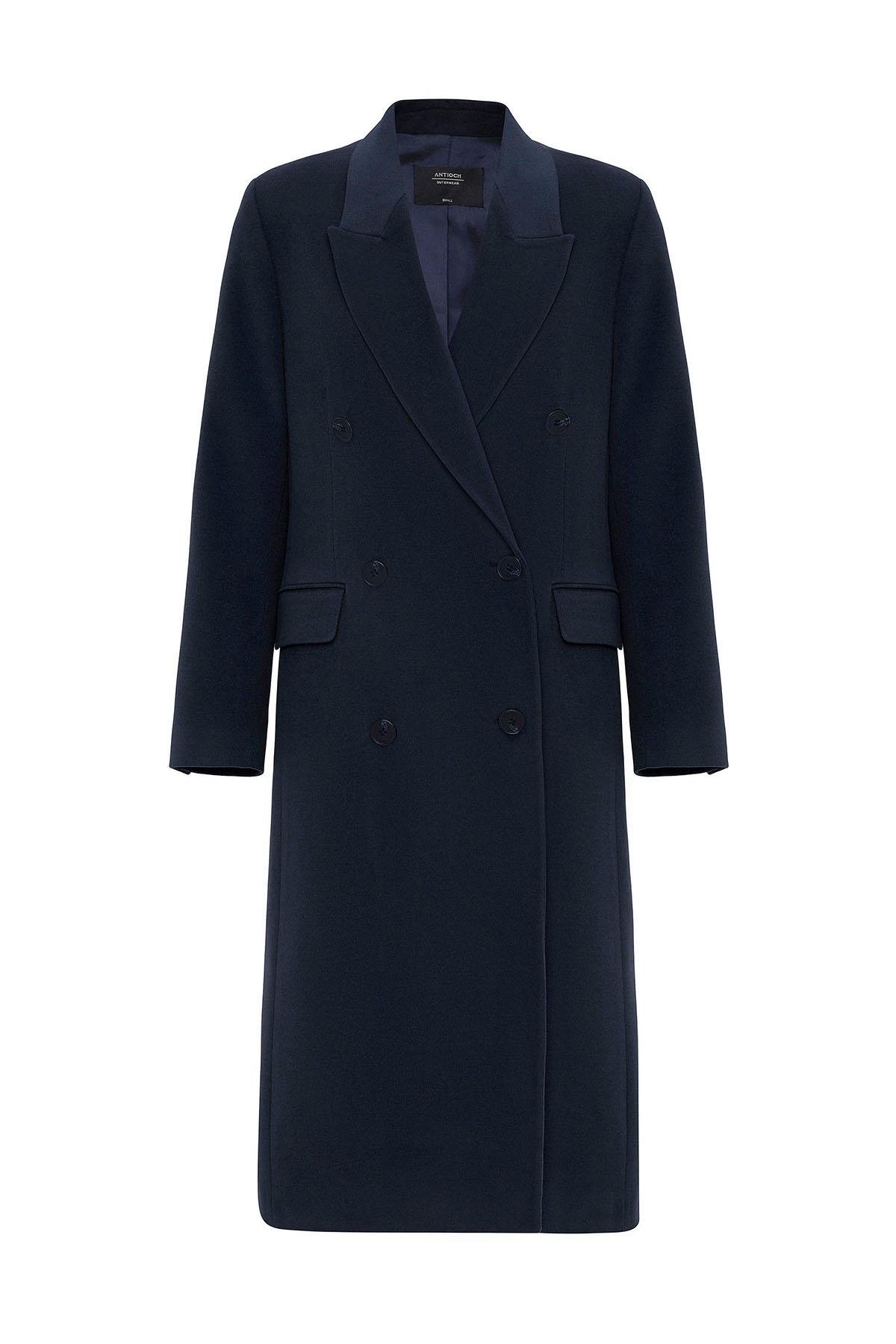 Antioch Lacivert Kadın Kruvaze Uzun Kaban