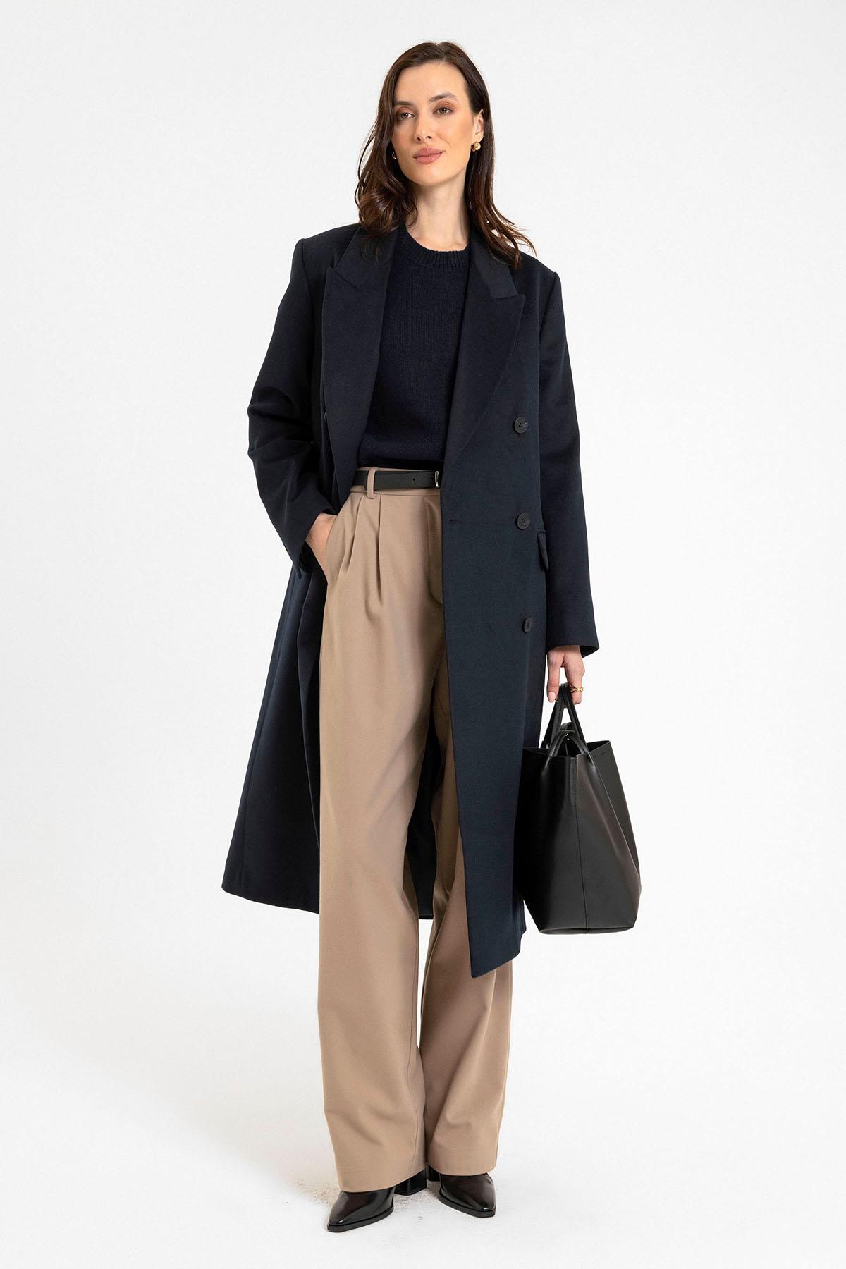 Antioch Lacivert Kadın Kruvaze Uzun Kaban