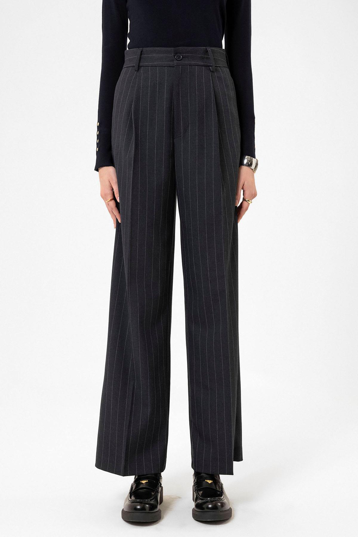 Antioch Lacivert Kadın Yüksek Bel Pileli Çizgili Pantolon