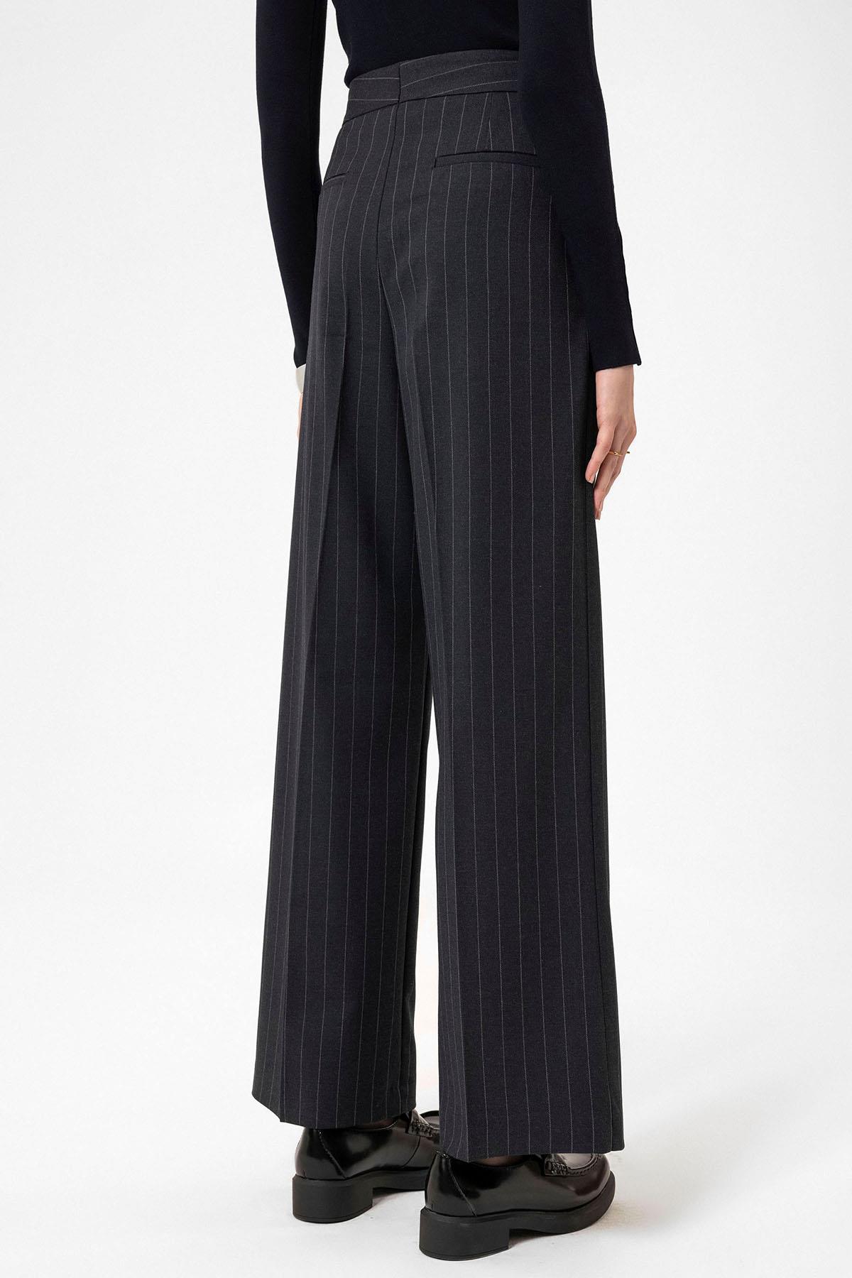 Antioch Lacivert Kadın Yüksek Bel Pileli Çizgili Pantolon