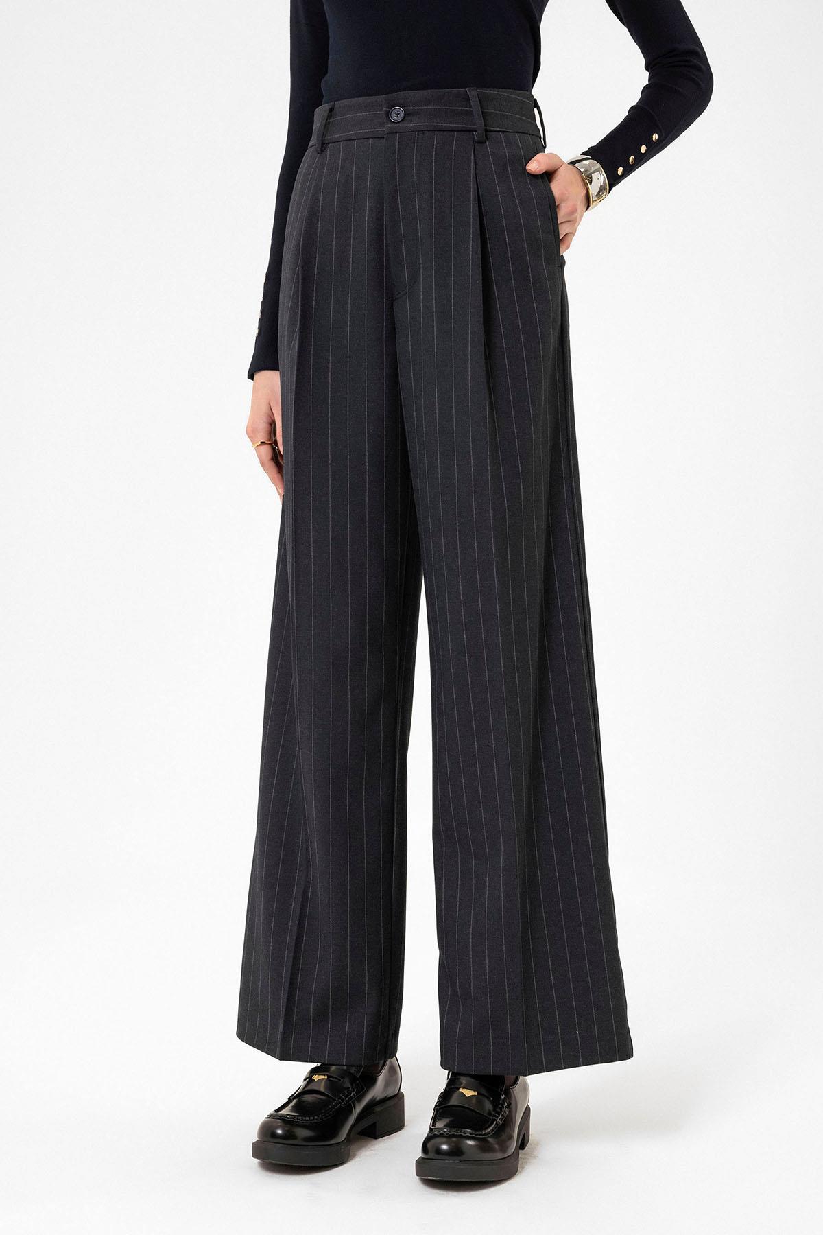 Antioch Lacivert Kadın Yüksek Bel Pileli Çizgili Pantolon