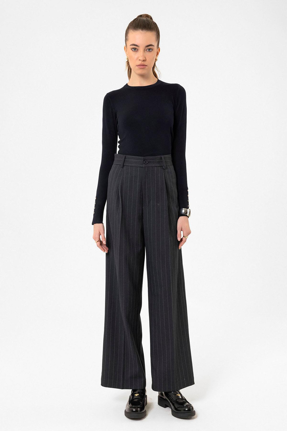 Antioch Lacivert Kadın Yüksek Bel Pileli Çizgili Pantolon