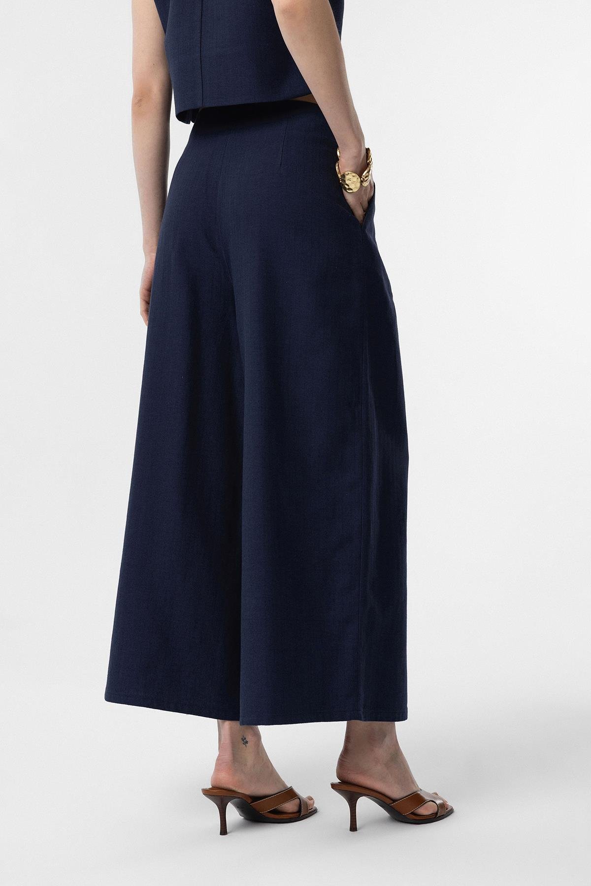 Antioch Lacivert Keten Karışımlı Kadın Culotte Pantolon