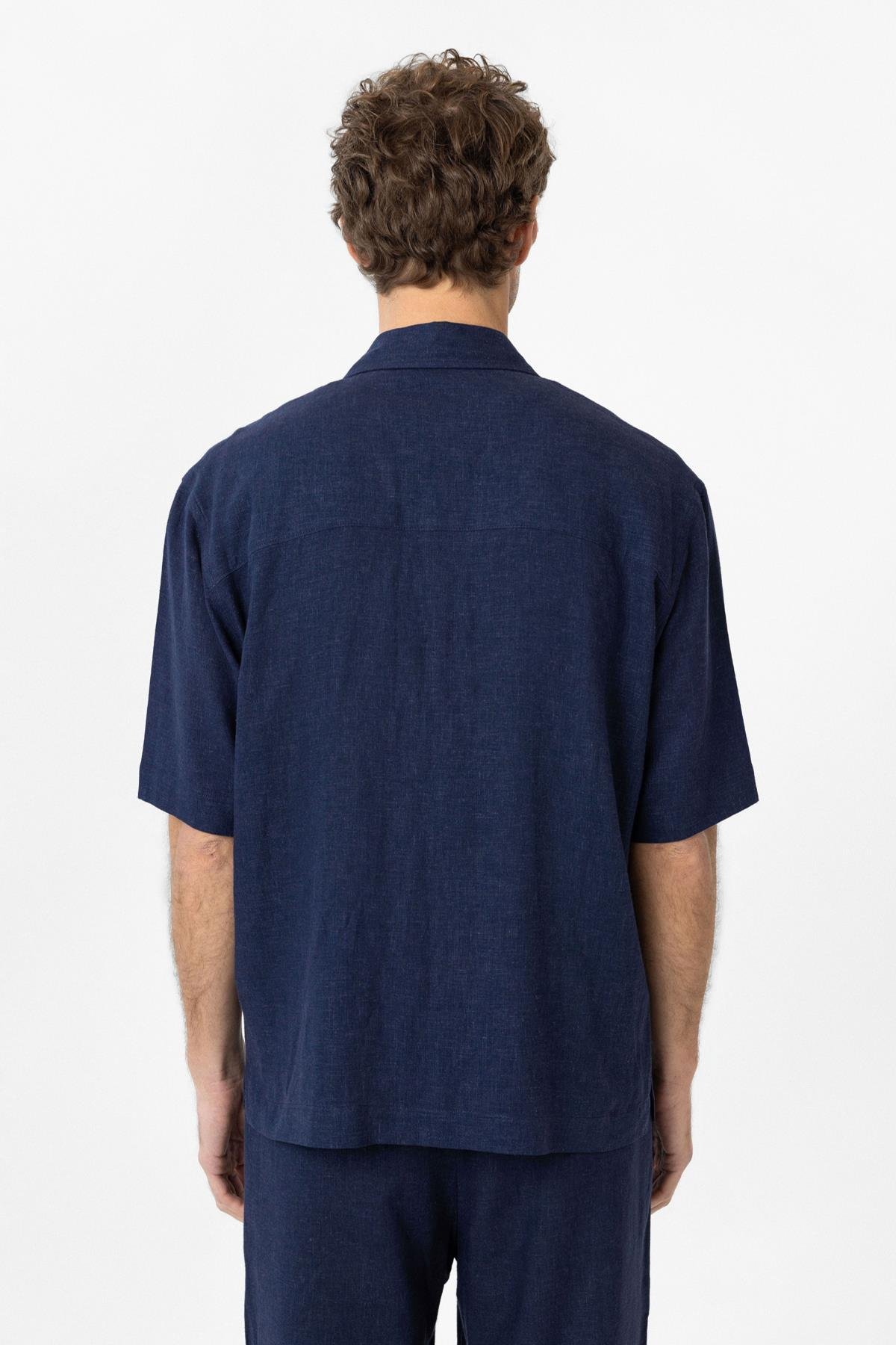 Antioch Lacivert Keten Karışımlı Kısa Kollu Erkek Gömlek