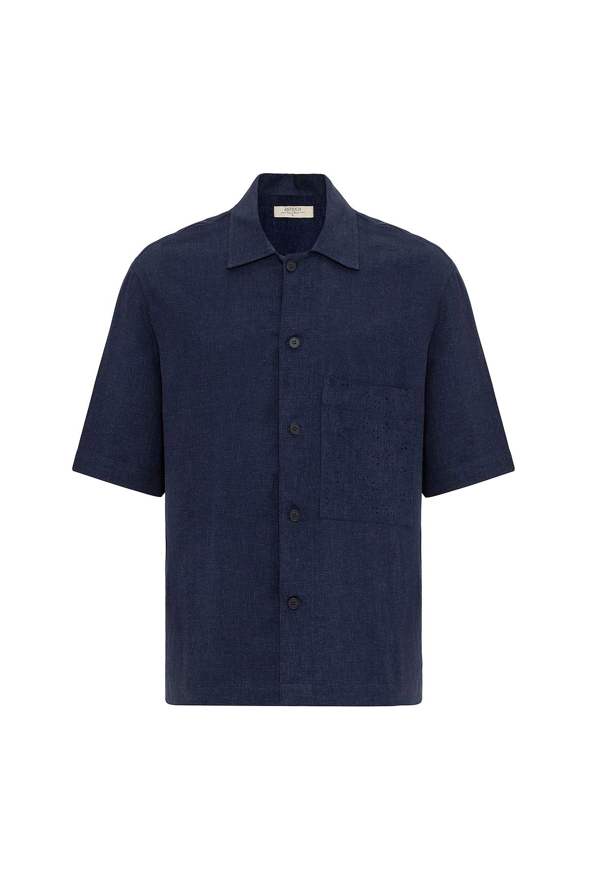 Antioch Lacivert Keten Karışımlı Kısa Kollu Erkek Gömlek