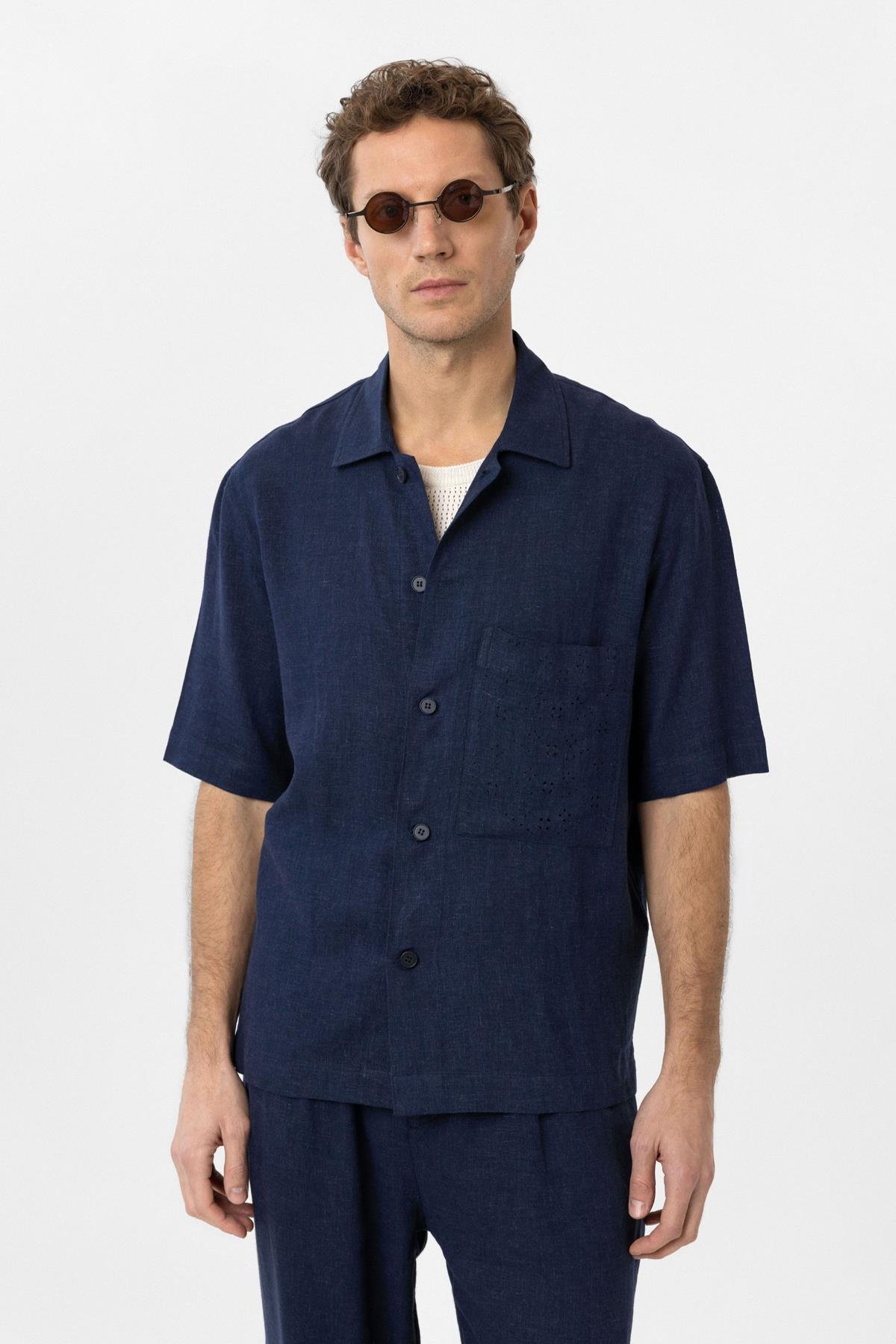 Antioch Lacivert Keten Karışımlı Kısa Kollu Erkek Gömlek