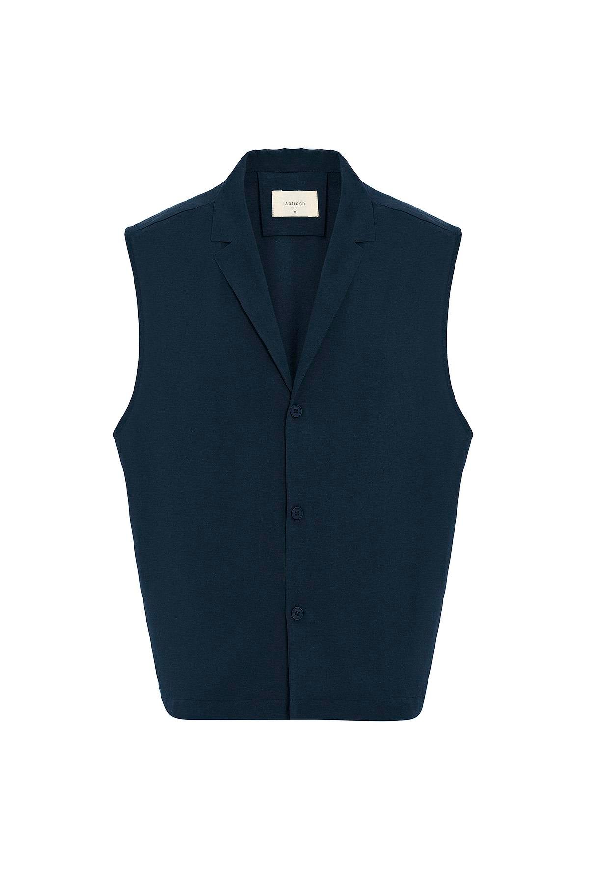 Antioch Lacivert Keten Karışımlı Kolsuz Erkek Gömlek