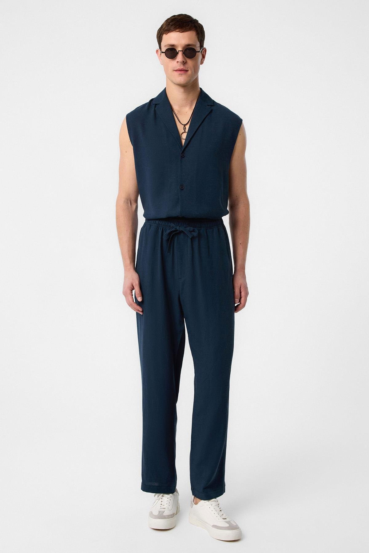 Antioch Lacivert Keten Karışımlı Kolsuz Erkek Gömlek