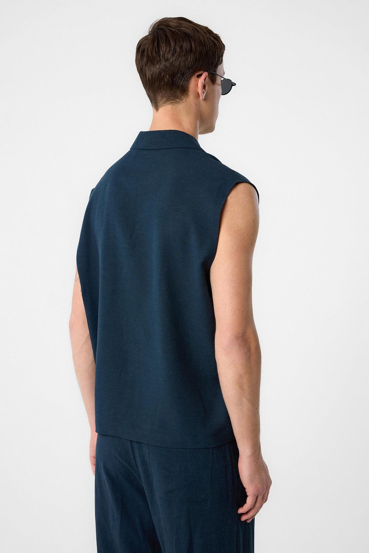 Antioch Lacivert Keten Karışımlı Kolsuz Erkek Gömlek