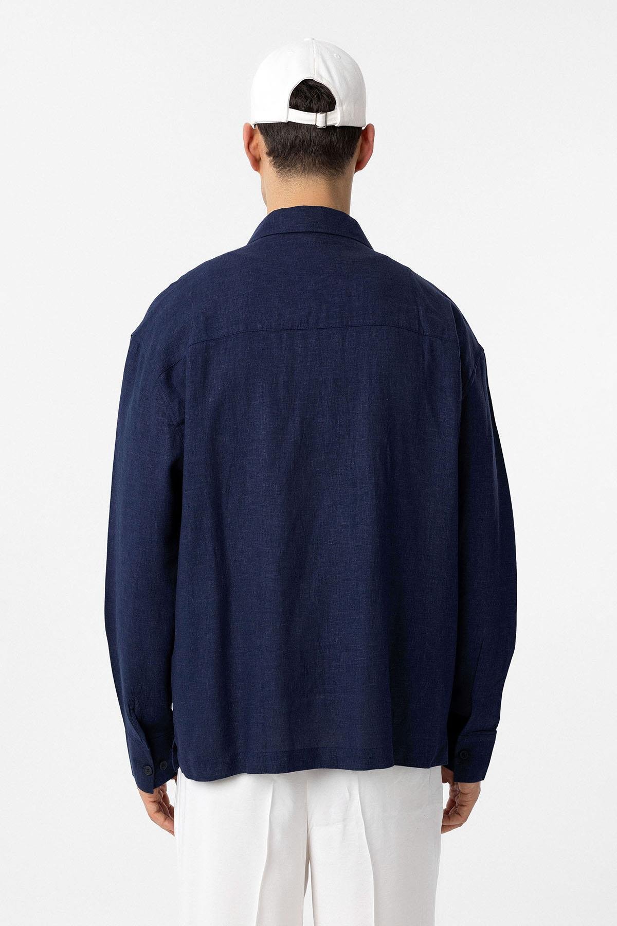 Antioch Lacivert Keten Karışımlı Relax Fit Erkek Gömlek