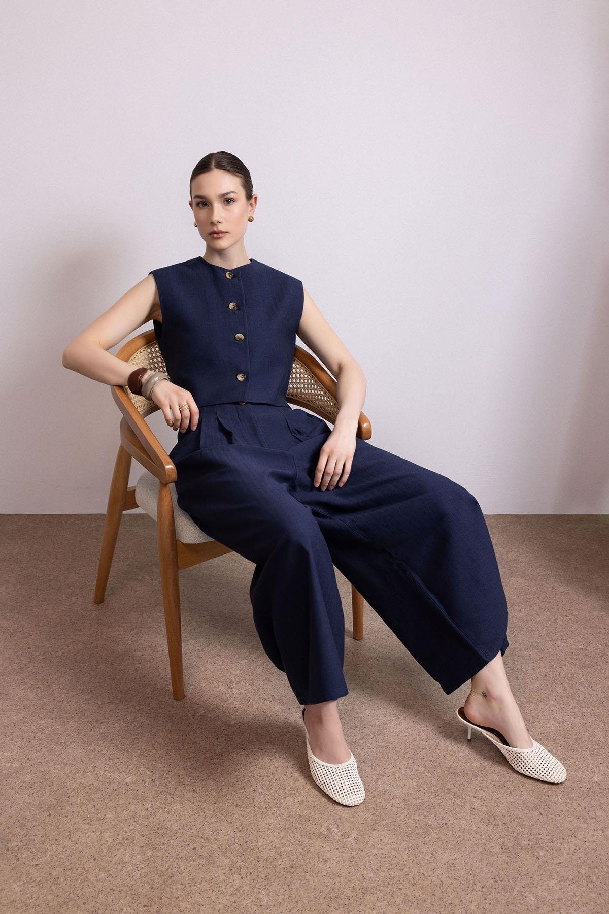 Antioch Lacivert Keten Karışımlı Kadın Yelek