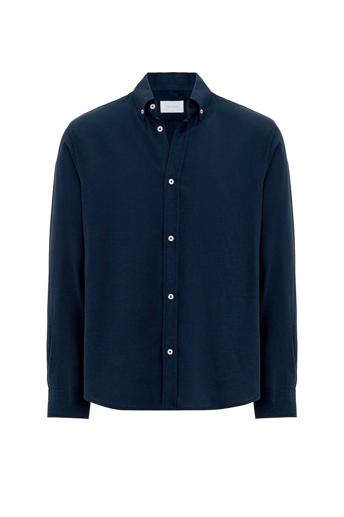 Antioch Lacivert Keten Karışımlı Yaka Düğmeli Erkek Gömlek