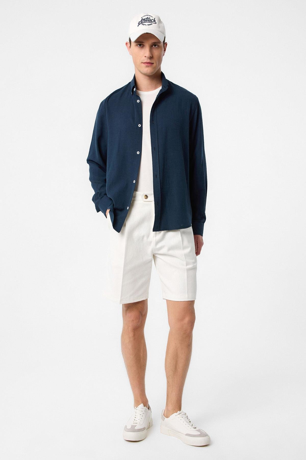 Antioch Lacivert Keten Karışımlı Yaka Düğmeli Erkek Gömlek