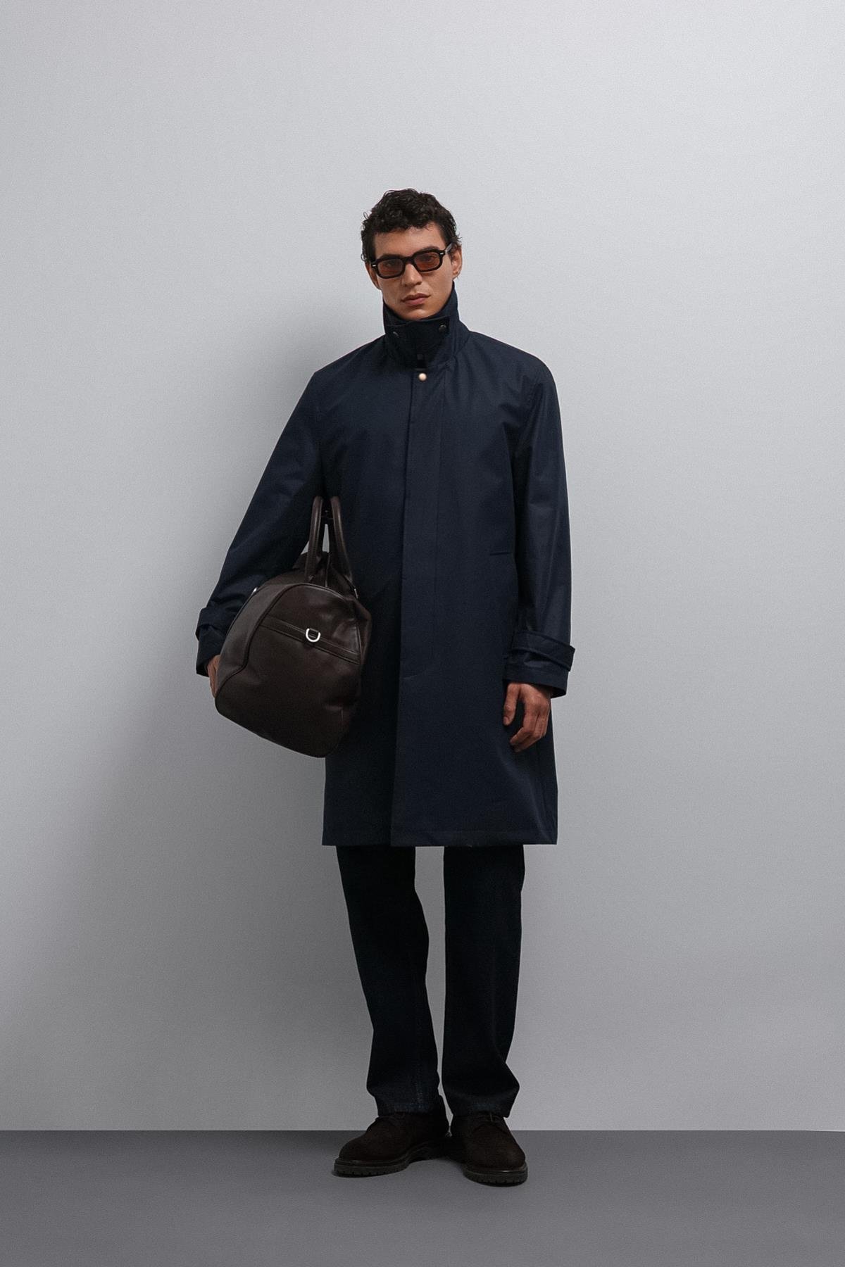 Antioch Lacivert Kontrast Yaka Teknik Erkek Trençkot