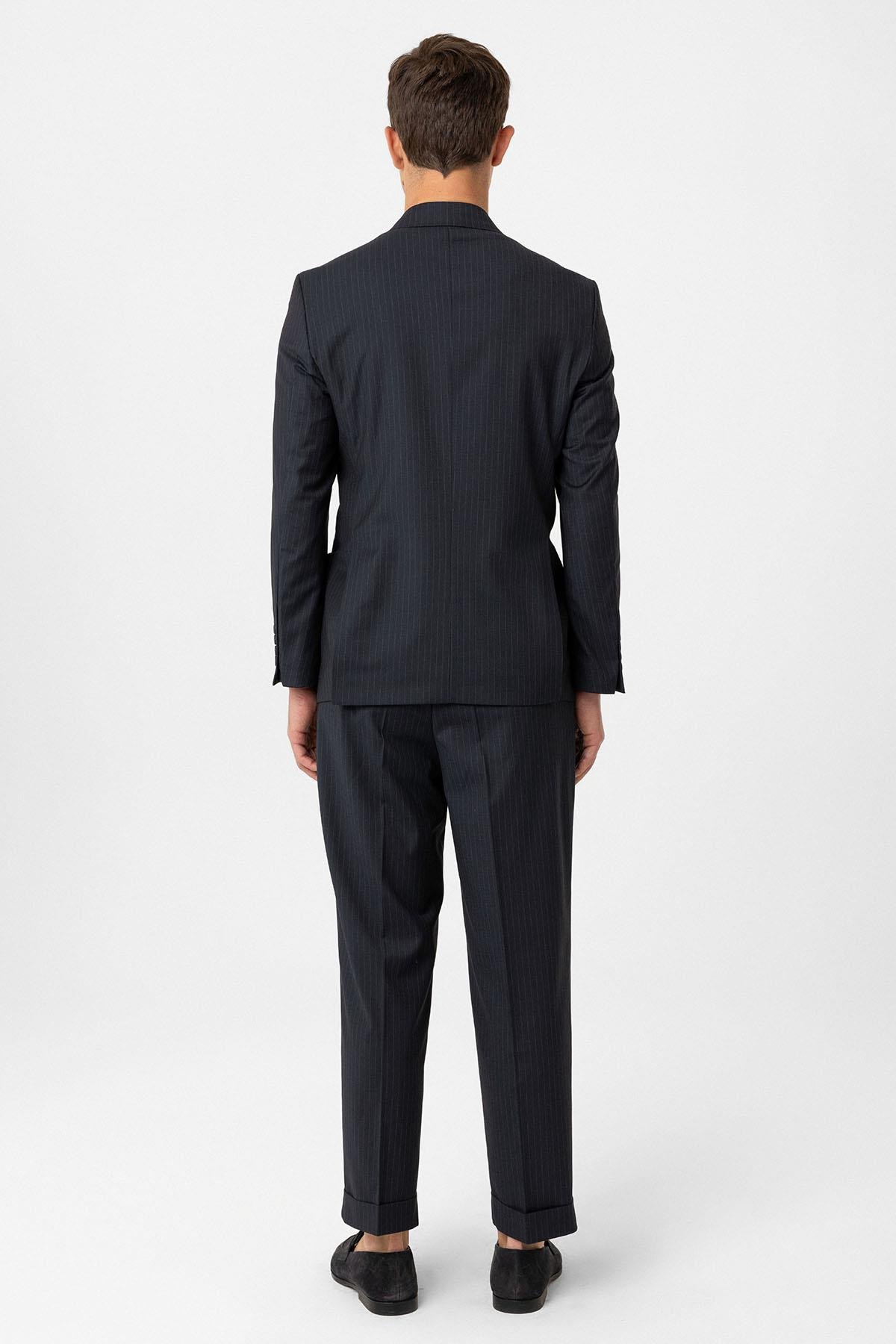 Antioch Lacivert Kruvaze Kapama İtalyan Kesim Yün Karışımlı Çizgili Erkek Teknik Takım