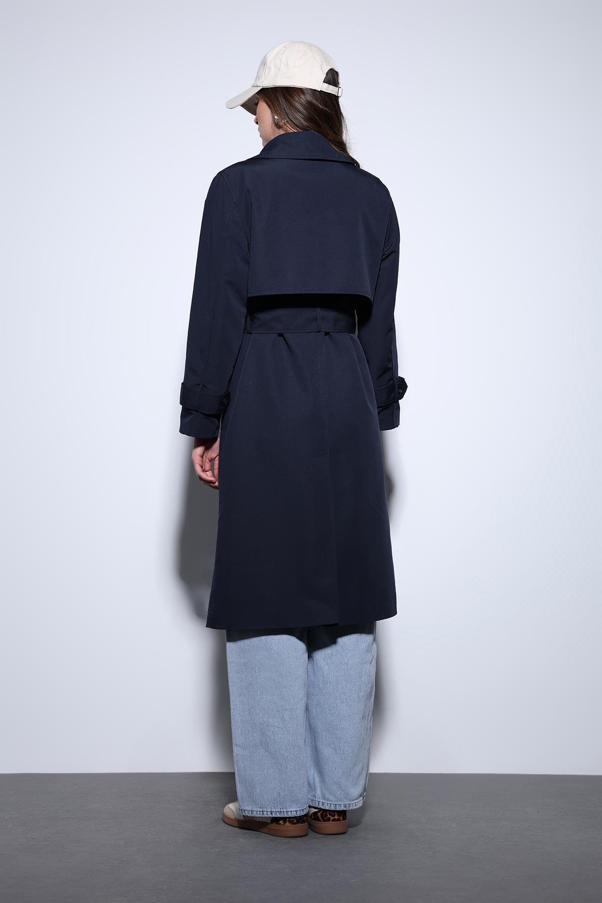 Antioch Lacivert Kruvaze Kemerli Kadın Trençkot