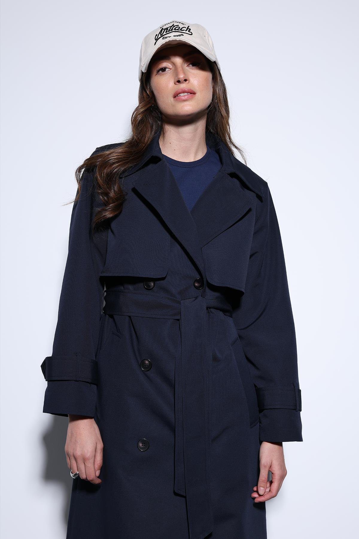 Antioch Lacivert Kruvaze Kemerli Kadın Trençkot