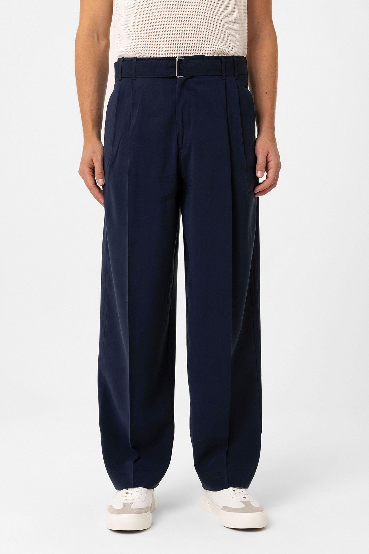 Antioch Lacivert Modal Kumaş Relax Fit Kemerli Erkek Pantolon