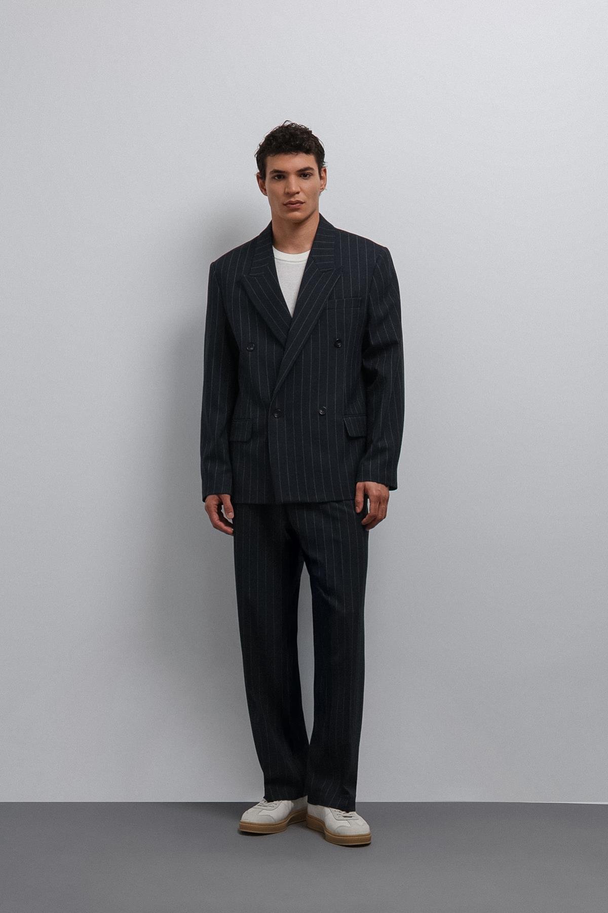 Antioch Lacivert Relax Fit Çizgili Erkek Pantolon