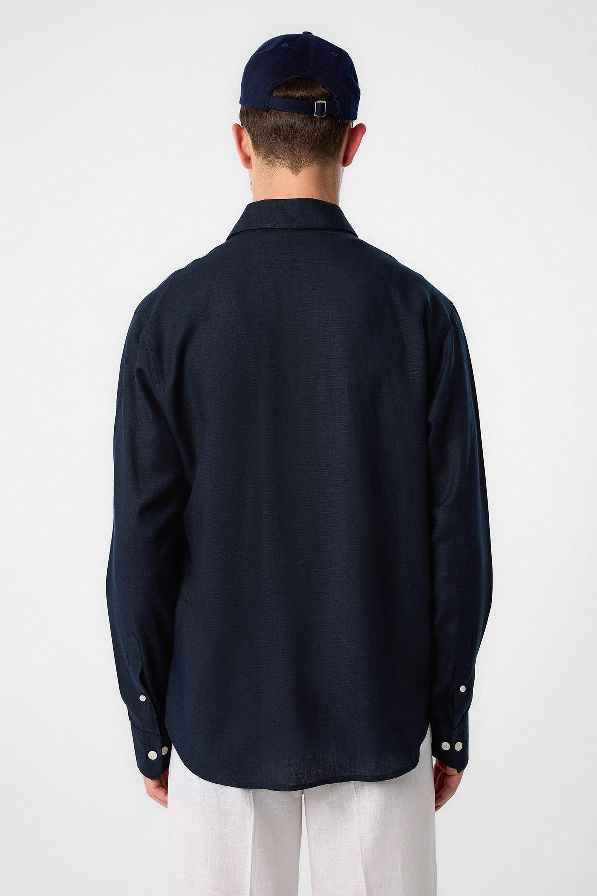 Antioch Lacivert Relax Fit Keten Karışımlı Erkek Gömlek