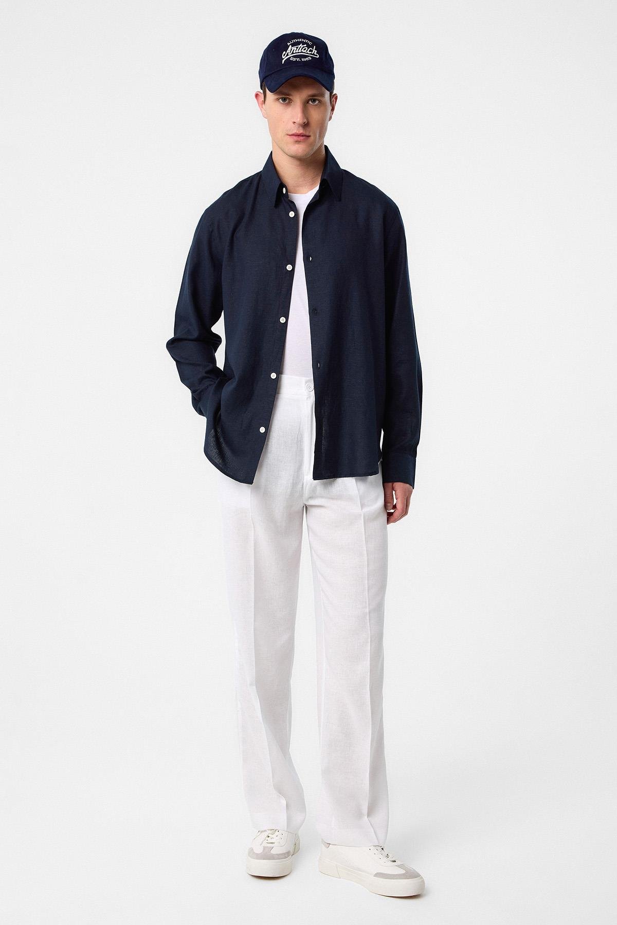 Antioch Lacivert Relax Fit Keten Karışımlı Erkek Gömlek