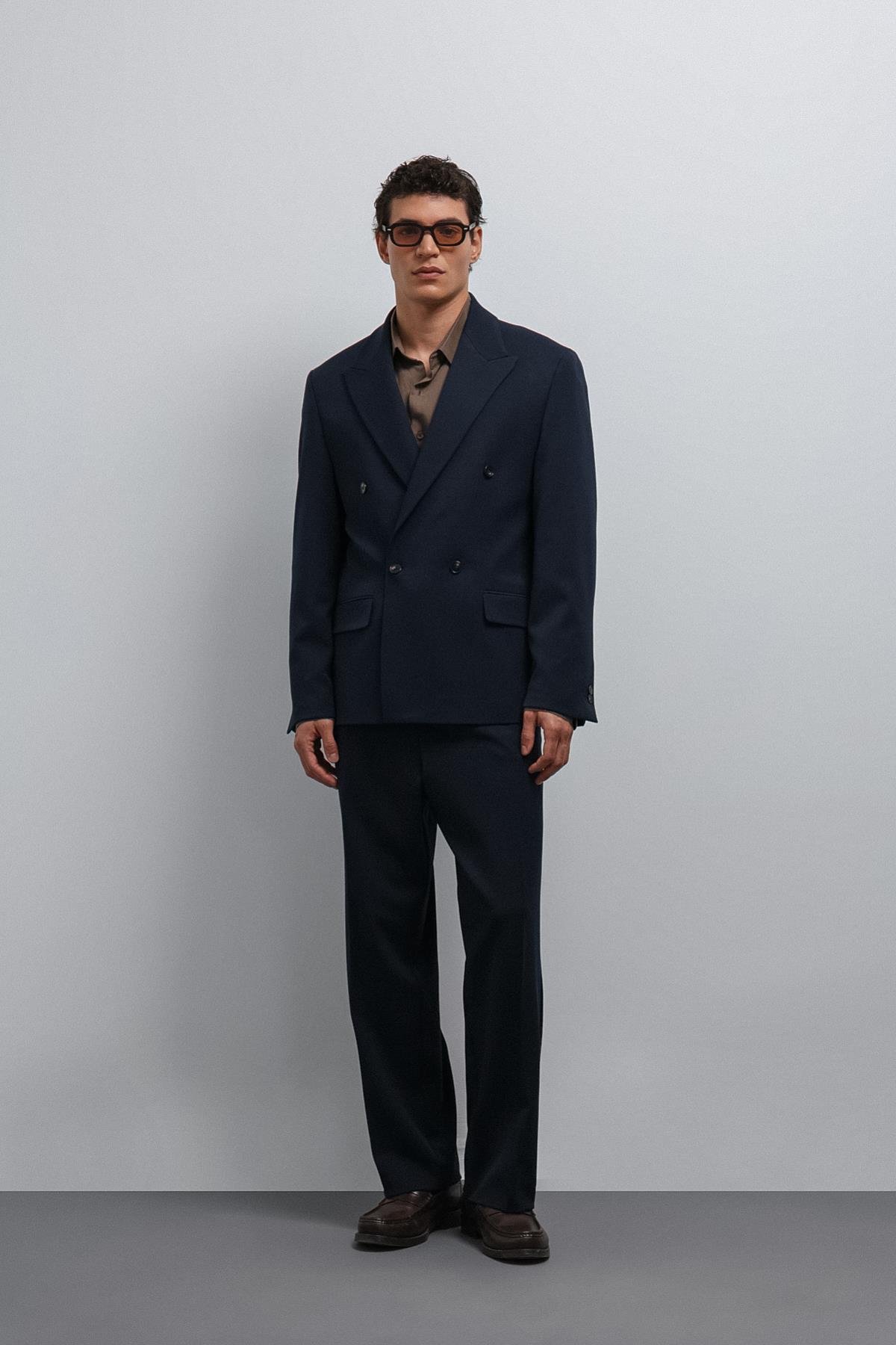 Antioch Lacivert Relax Fit Kruvaze Erkek Blazer Ceket