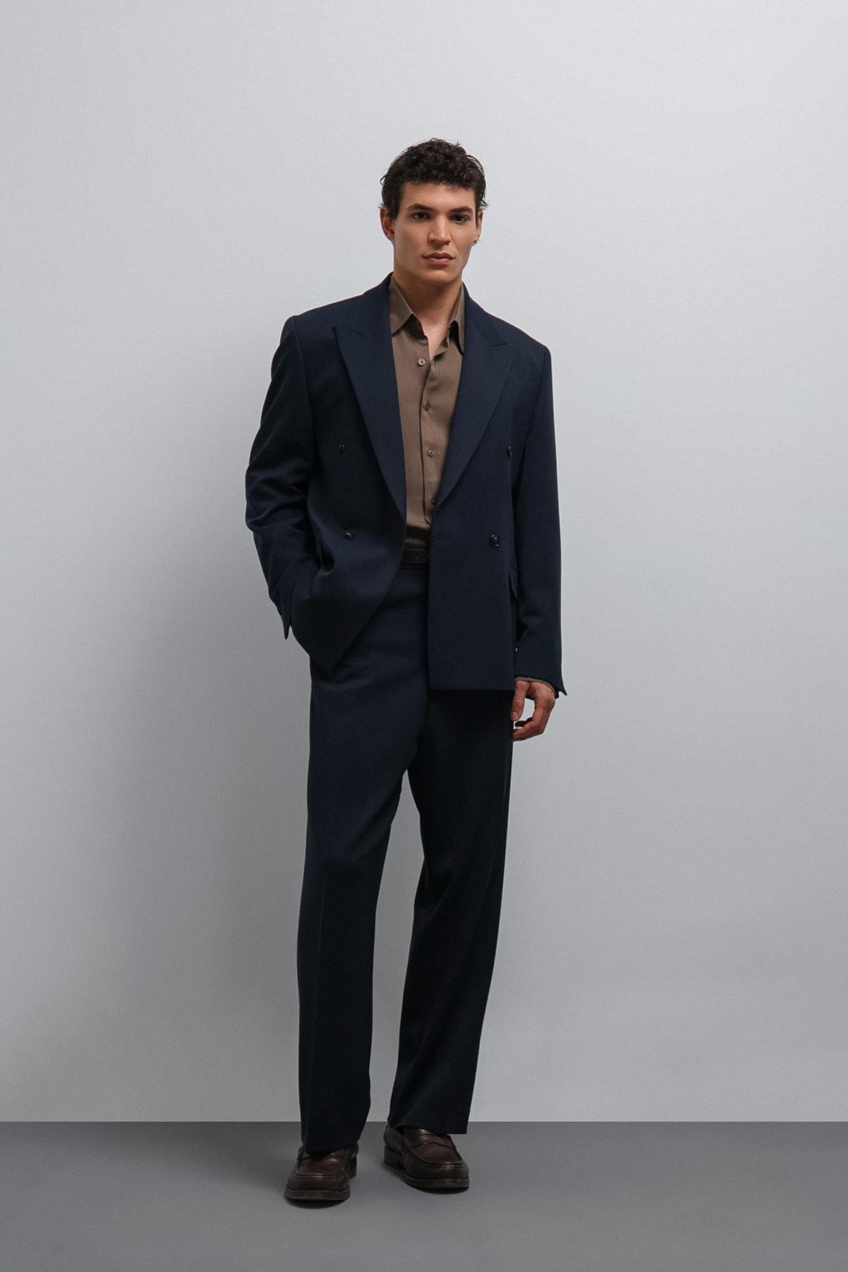 Antioch Lacivert Relax Fit Kruvaze Erkek Blazer Ceket