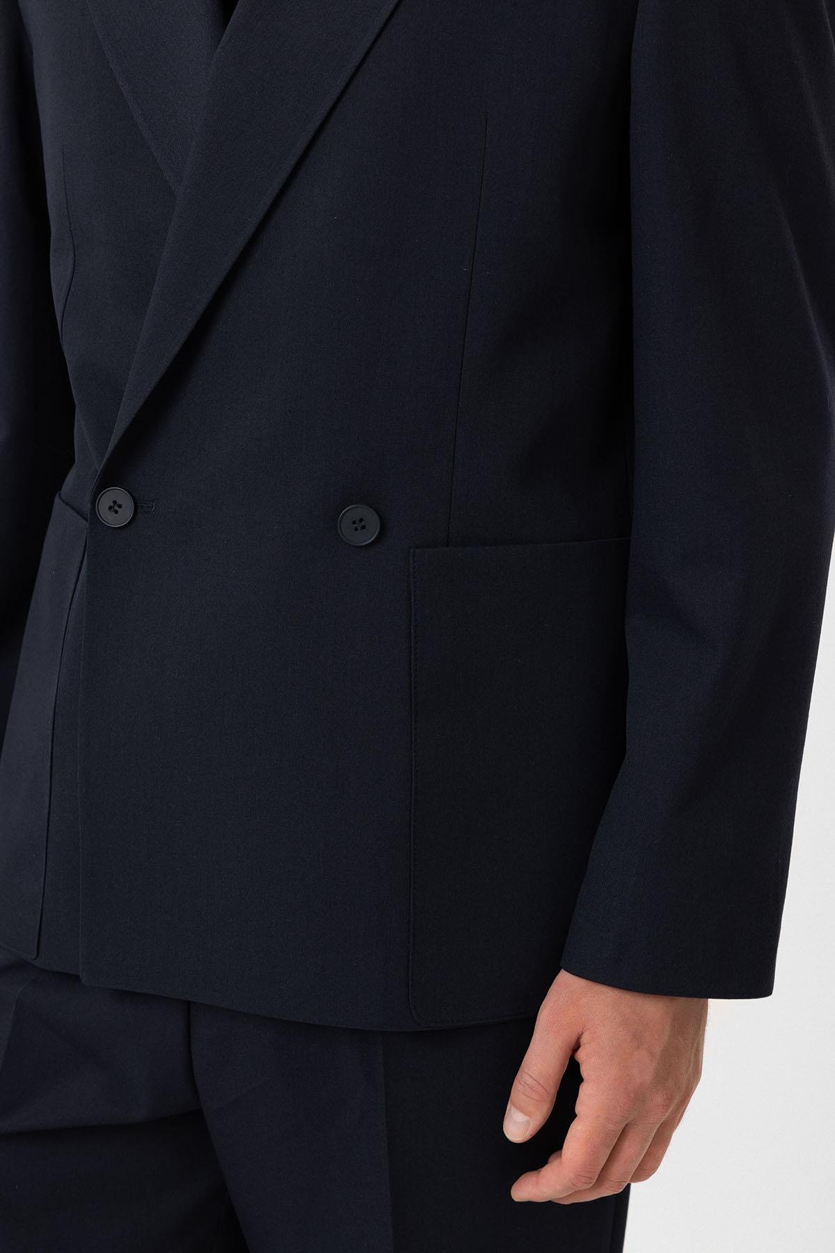 Antioch Lacivert Relax Fit Kruvaze Kapama Erkek Teknik Blazer Ceket