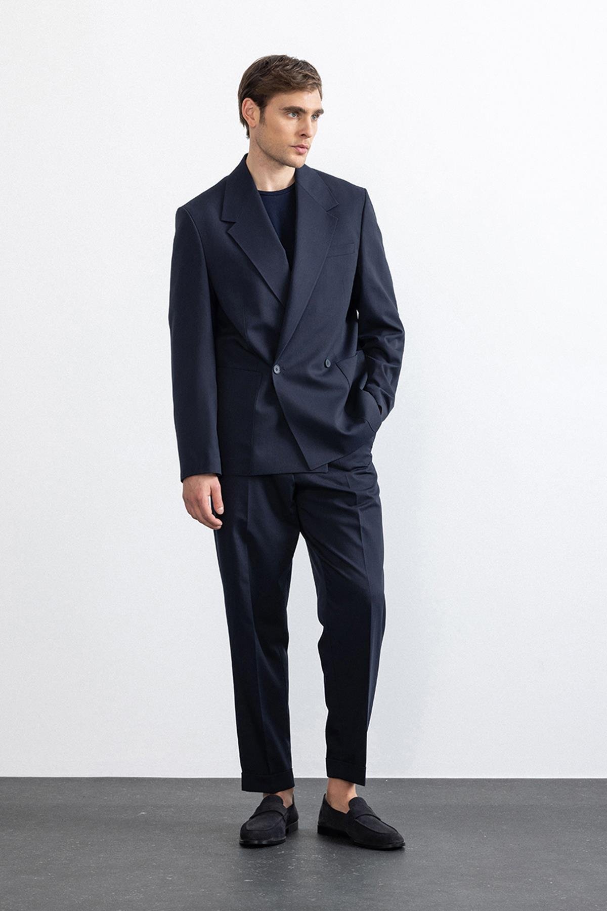 Antioch Lacivert Relax Fit Kruvaze Kapama Erkek Teknik Blazer Ceket