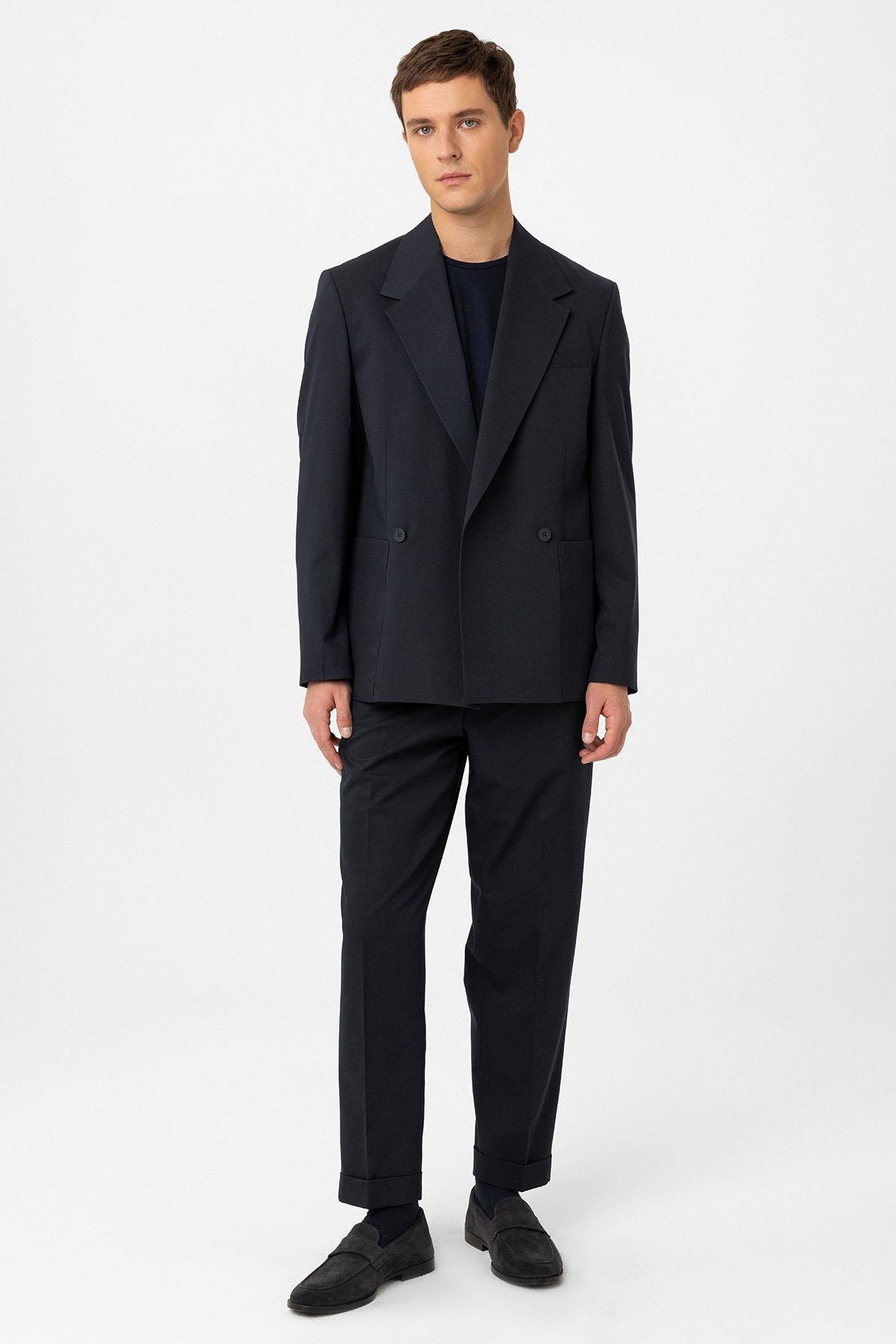 Antioch Lacivert Relax Fit Kruvaze Kapama Erkek Teknik Blazer Ceket