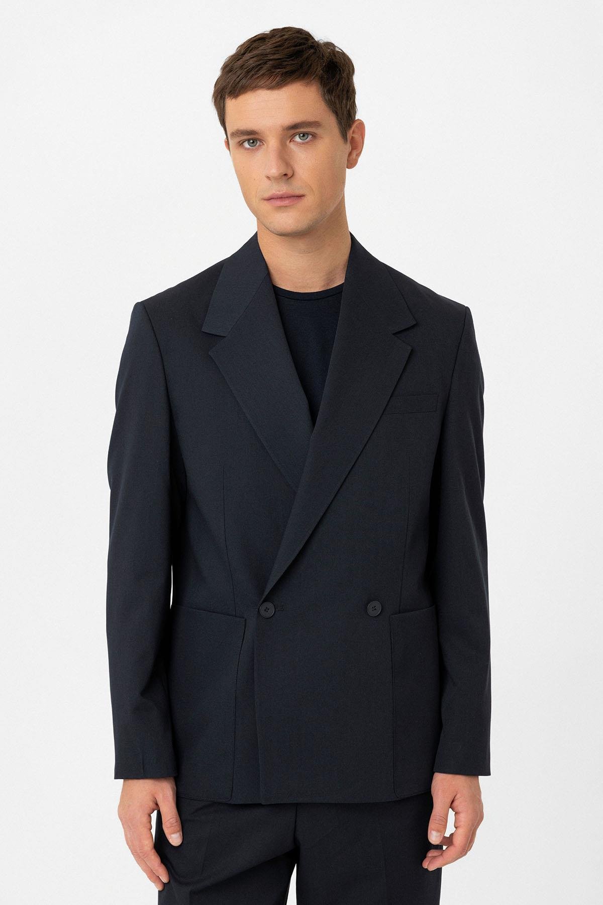 Antioch Lacivert Relax Fit Kruvaze Kapama Erkek Teknik Blazer Ceket