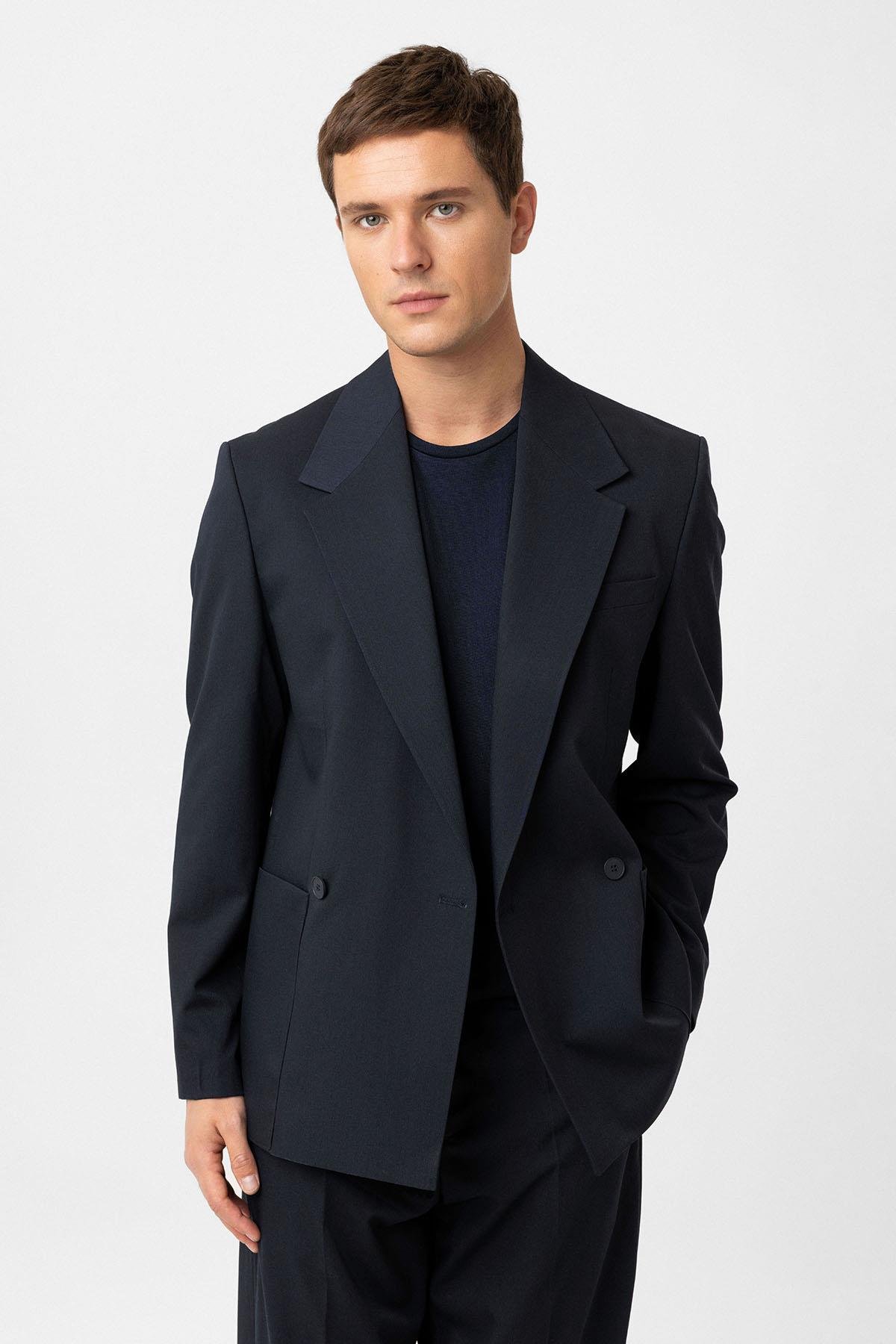 Antioch Lacivert Relax Fit Kruvaze Kapama Erkek Teknik Blazer Ceket