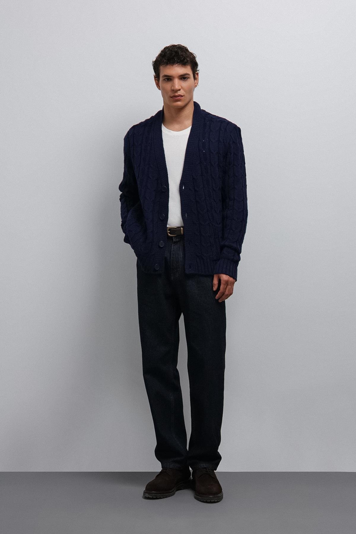 Antioch Lacivert Saç Örgülü Dokulu Erkek Hırka