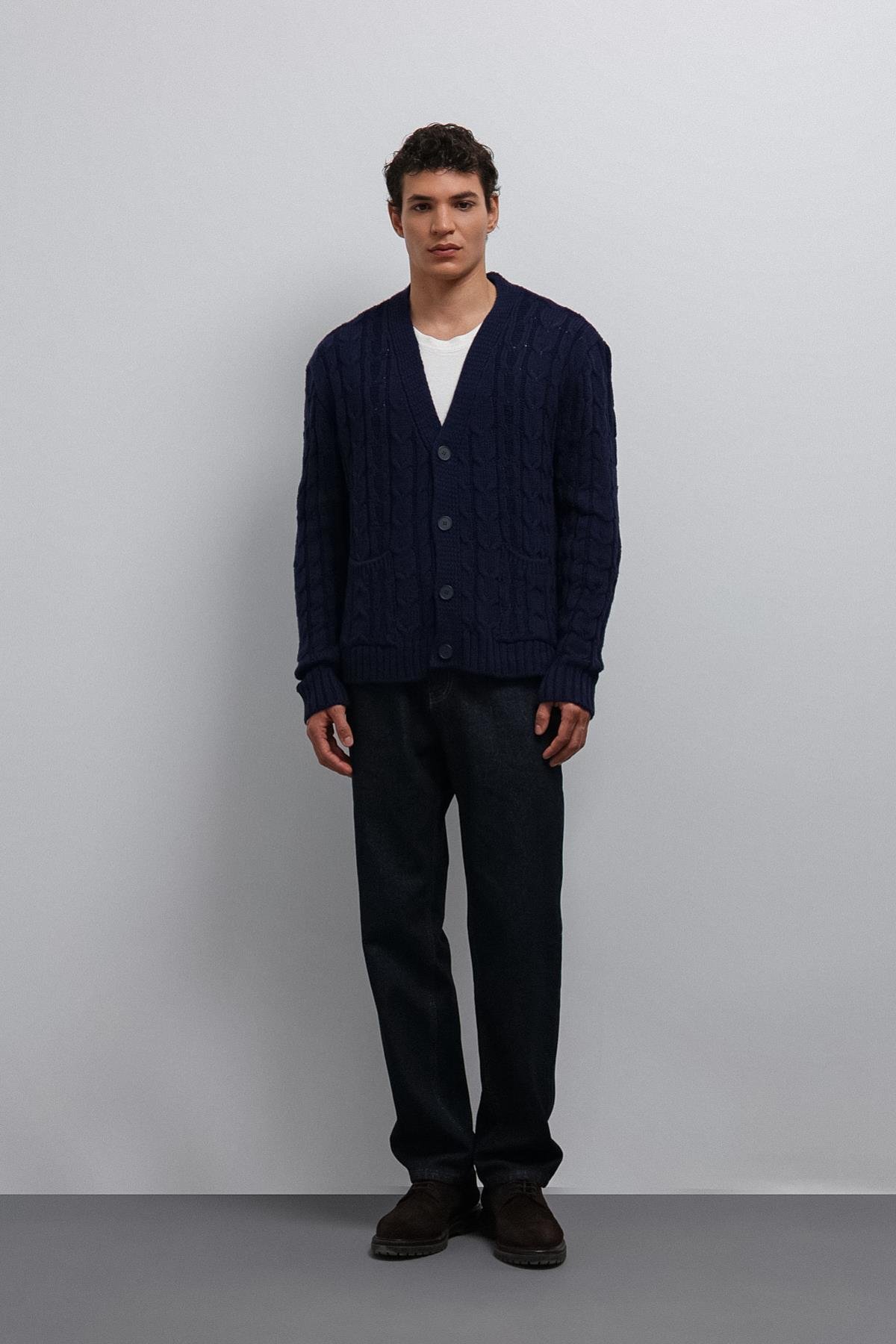 Antioch Lacivert Saç Örgülü Dokulu Erkek Hırka