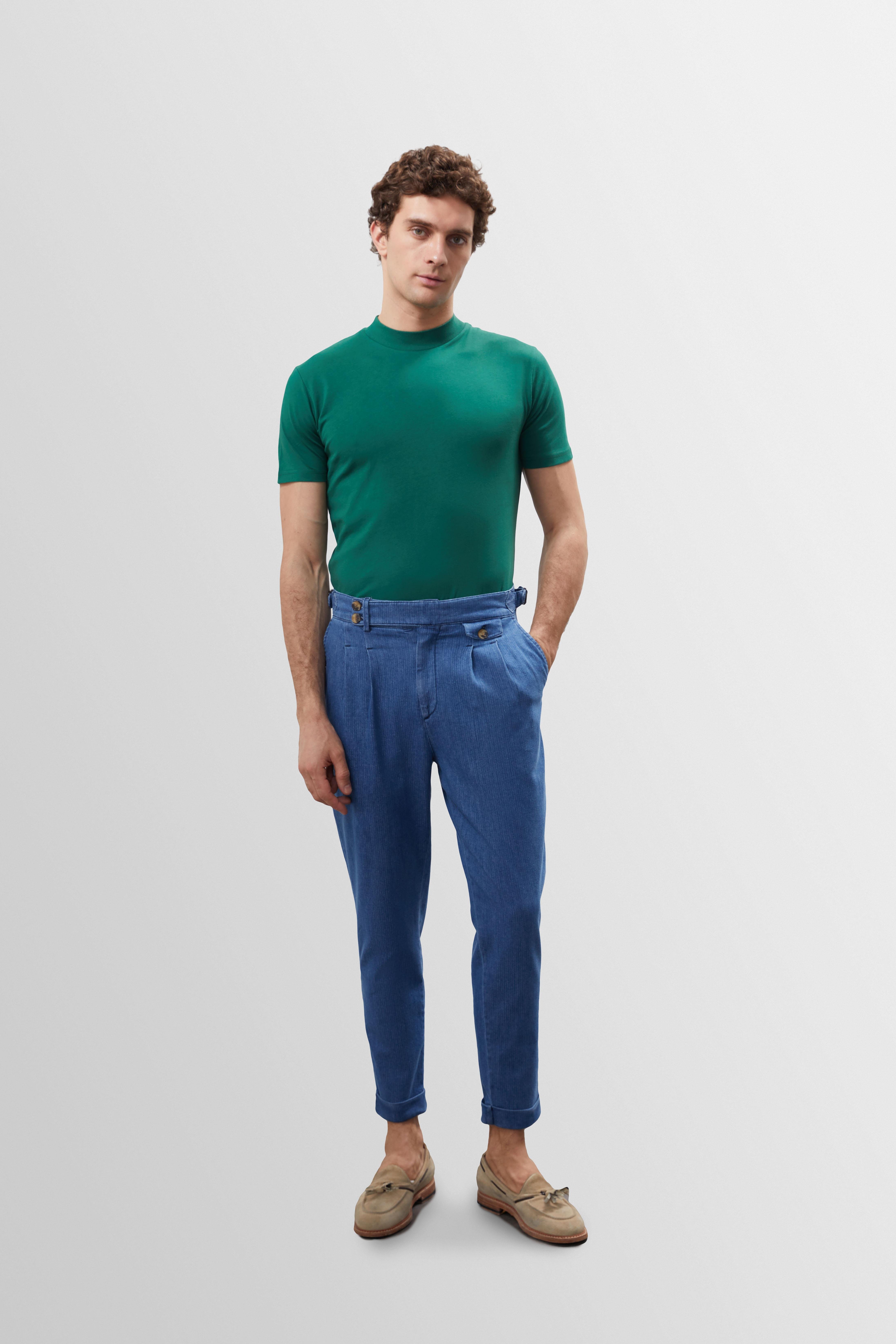 Antioch Lacivert Yüksek Bel (Boyfriend) Yandan Tokalı Kemer Detaylı Pileli Kot Pantolon