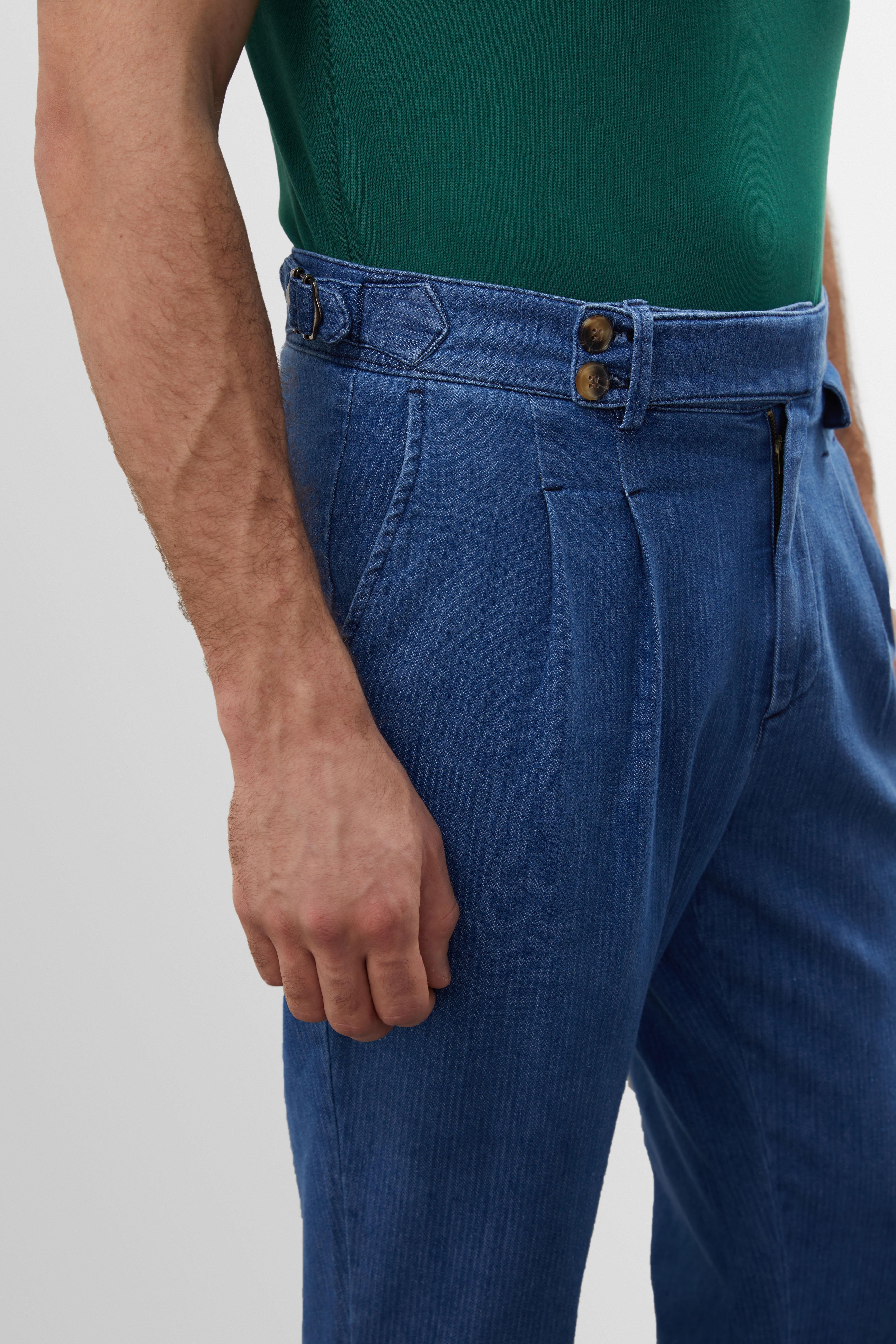 Antioch Lacivert Yüksek Bel (Boyfriend) Yandan Tokalı Kemer Detaylı Pileli Kot Pantolon