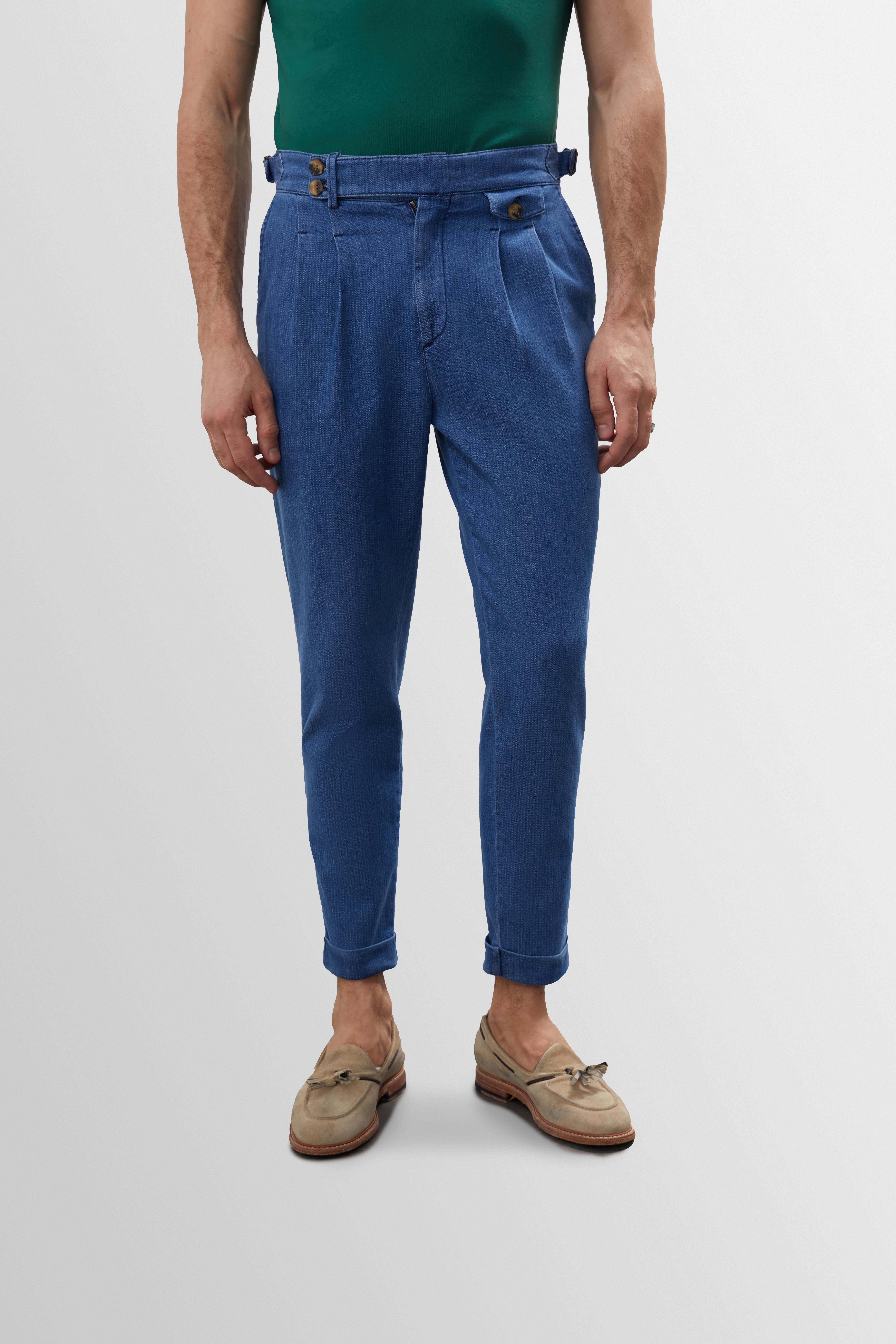 Antioch Lacivert Yüksek Bel (Boyfriend) Yandan Tokalı Kemer Detaylı Pileli Kot Pantolon