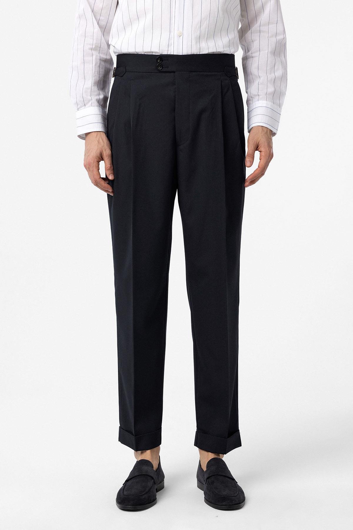 Antioch Lacivert Yüksek Bel İtalyan Kalıp Pileli Erkek Pantolon