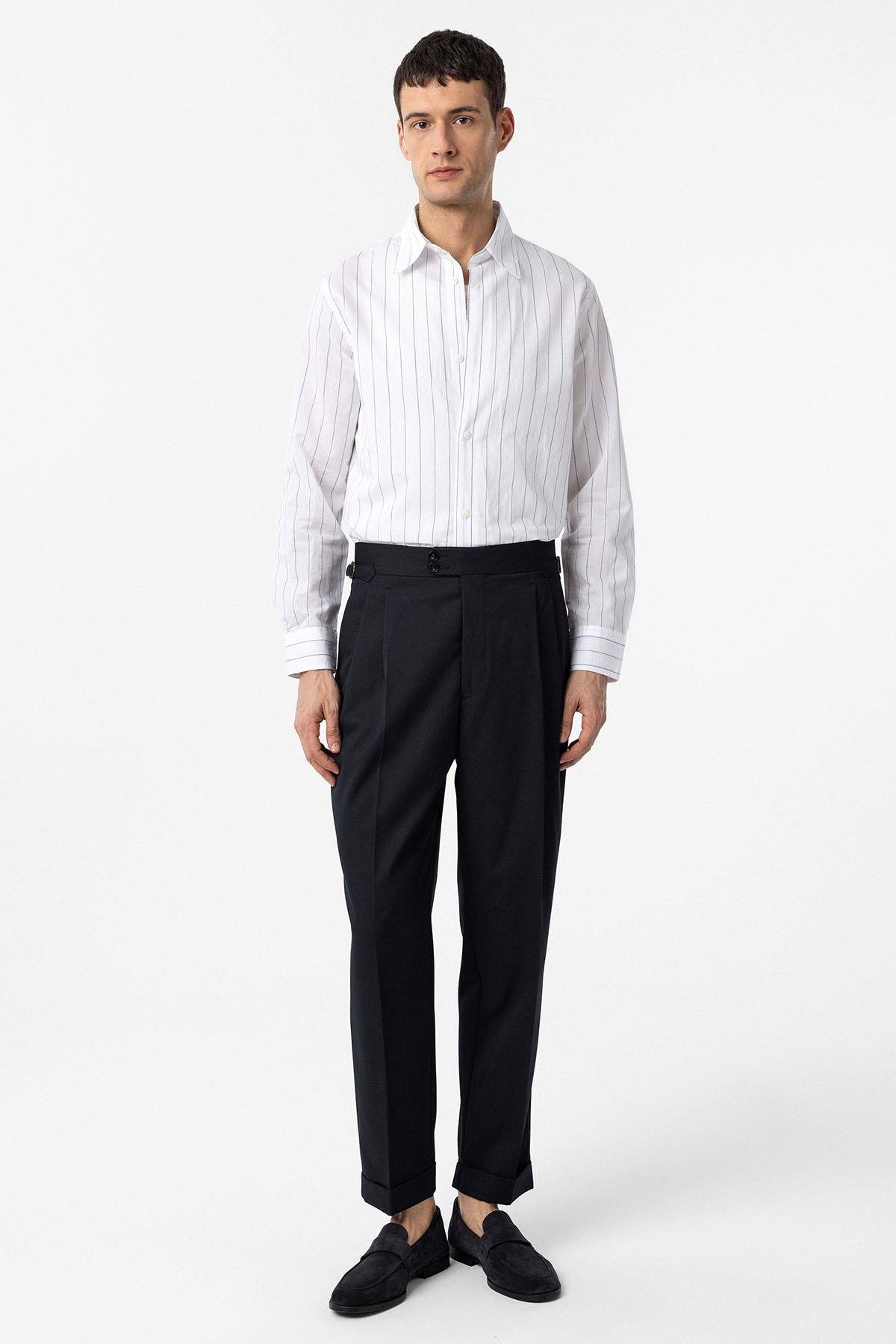 Antioch Lacivert Yüksek Bel İtalyan Kalıp Pileli Erkek Pantolon