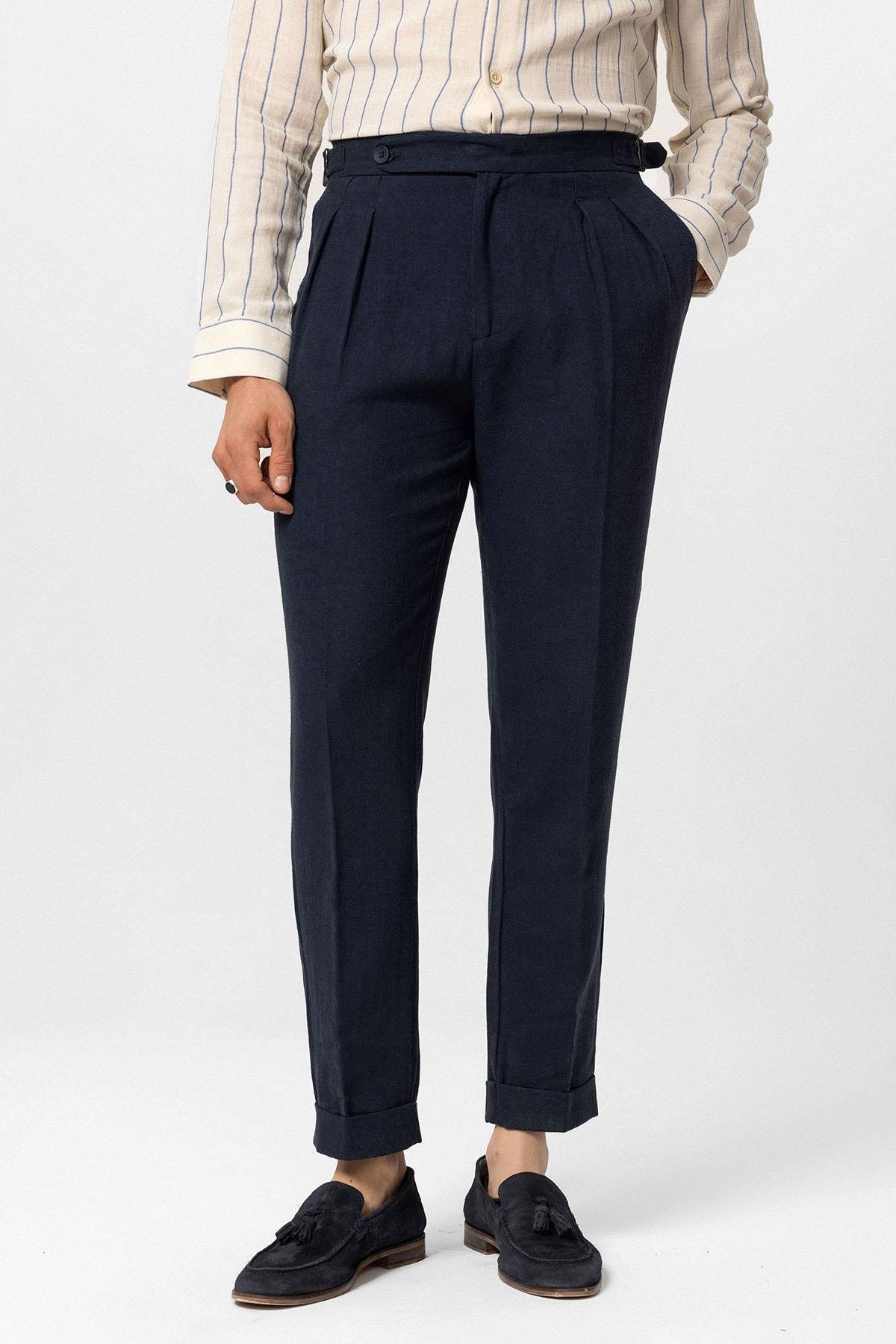 Antioch Lacivert Yüksel Bel Keten Karışımlı Pileli Erkek Pantolon