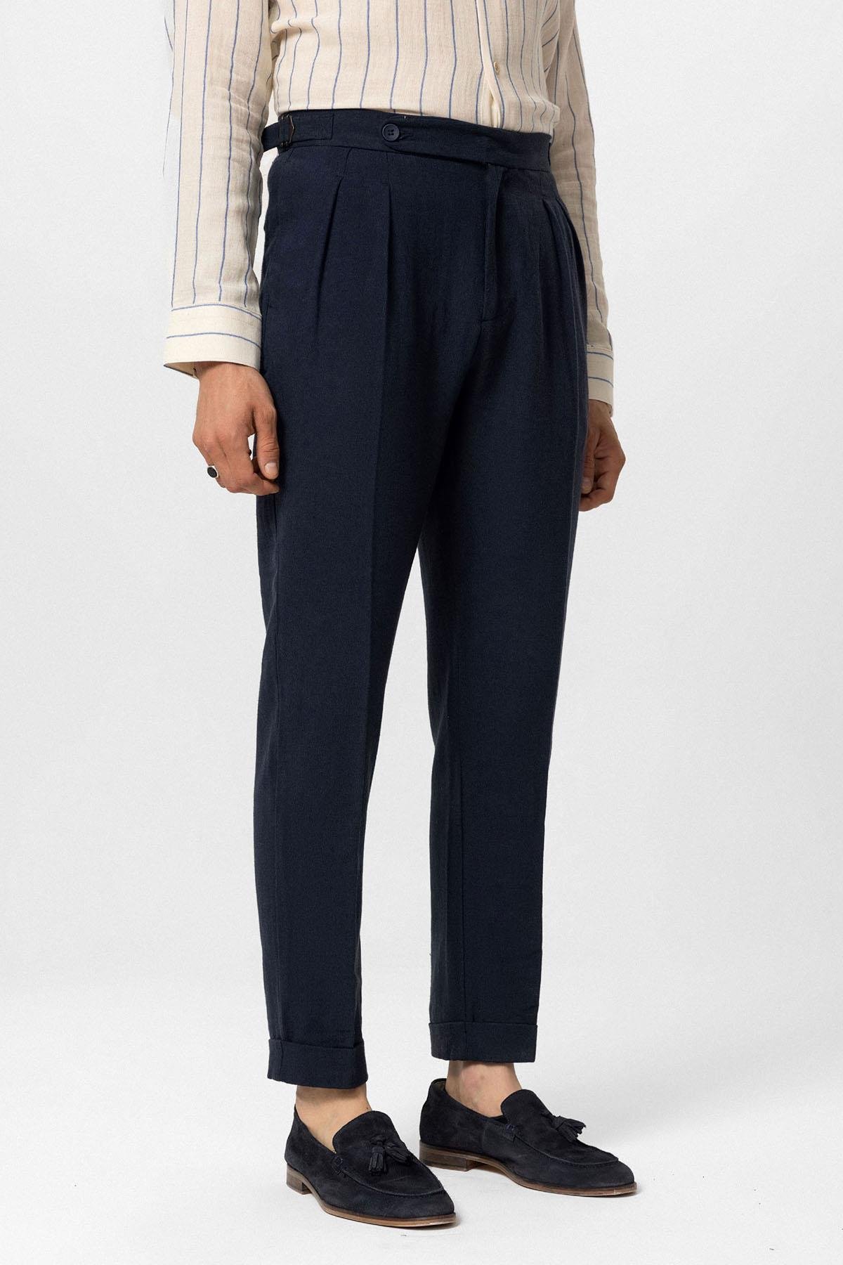 Antioch Lacivert Yüksel Bel Keten Karışımlı Pileli Erkek Pantolon