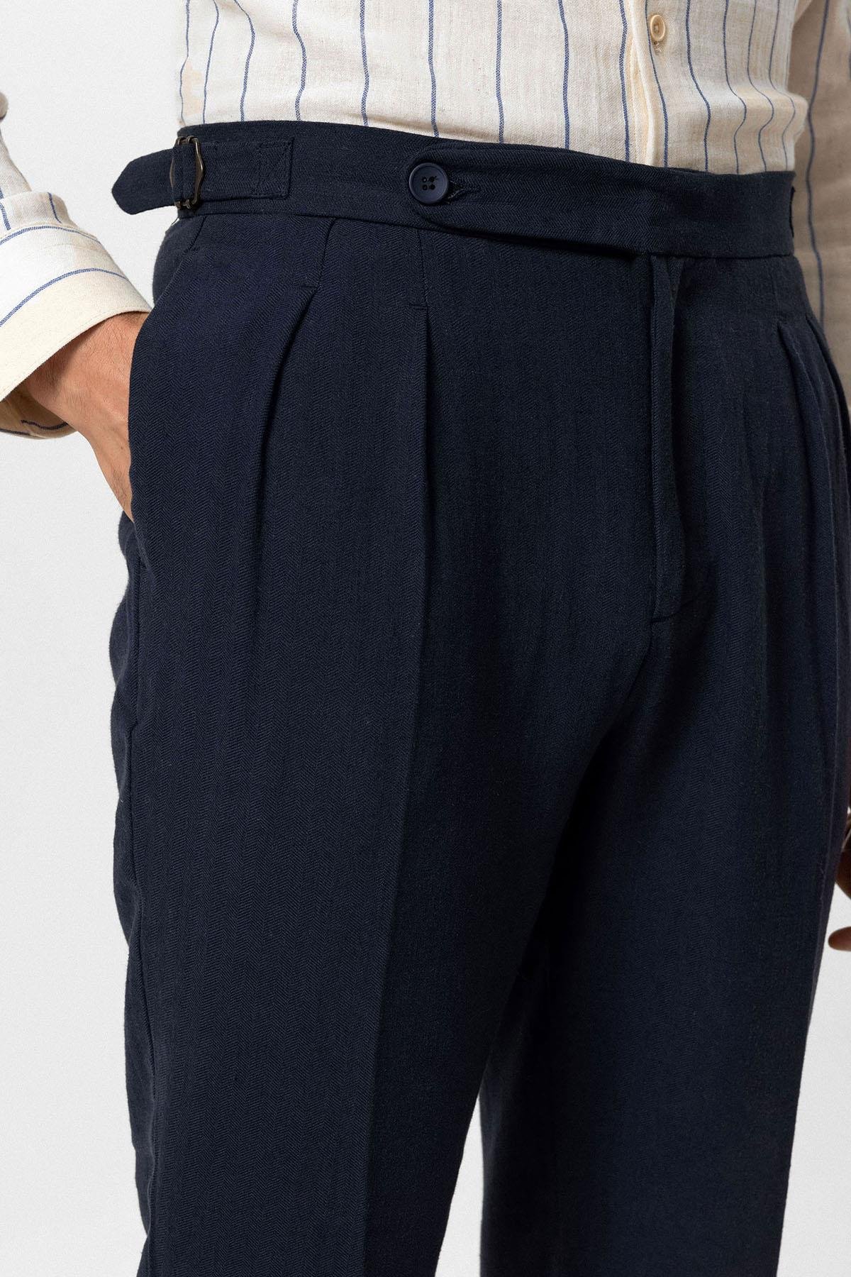 Antioch Lacivert Yüksel Bel Keten Karışımlı Pileli Erkek Pantolon