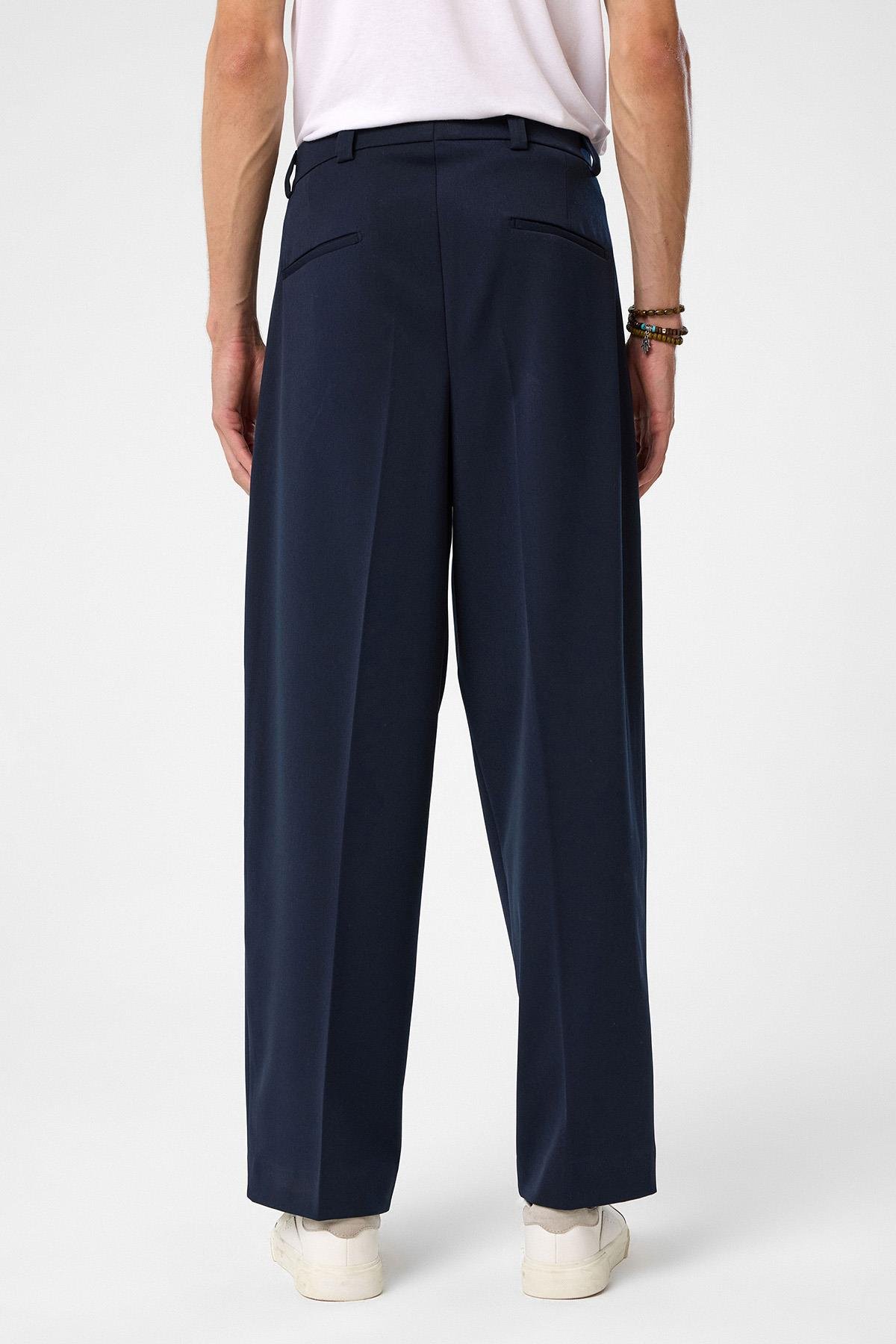 Antioch Lacivert Yüksel Bel Relax Fit Pileli Erkek Pantolon