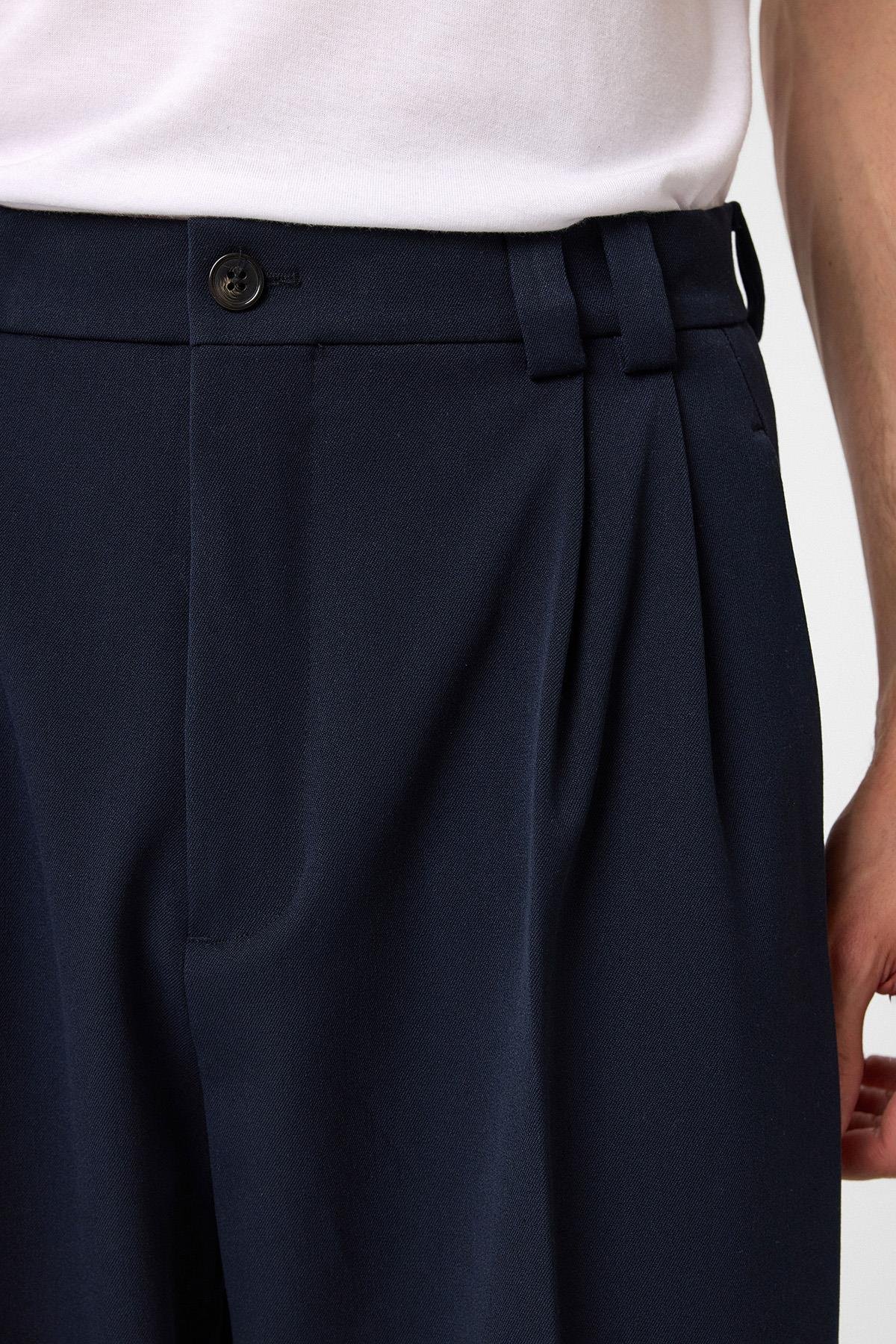 Antioch Lacivert Yüksel Bel Relax Fit Pileli Erkek Pantolon