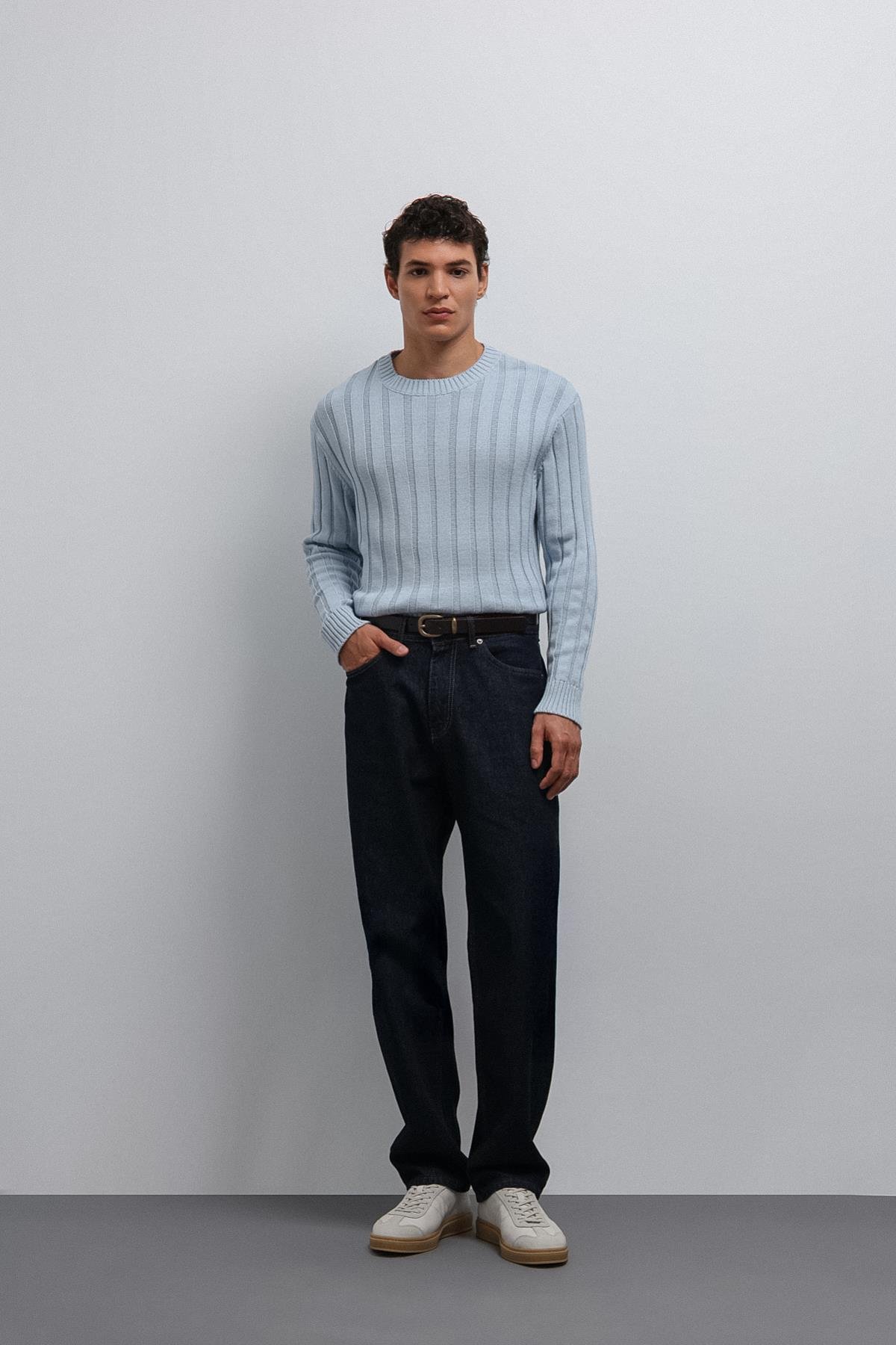 Antioch Mavi 100% Pamuk Fitilli Erkek Kazak