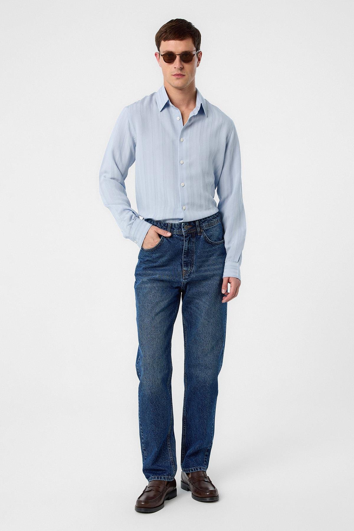Antioch Mavi Çizgili ve Dokulu Erkek Gömlek