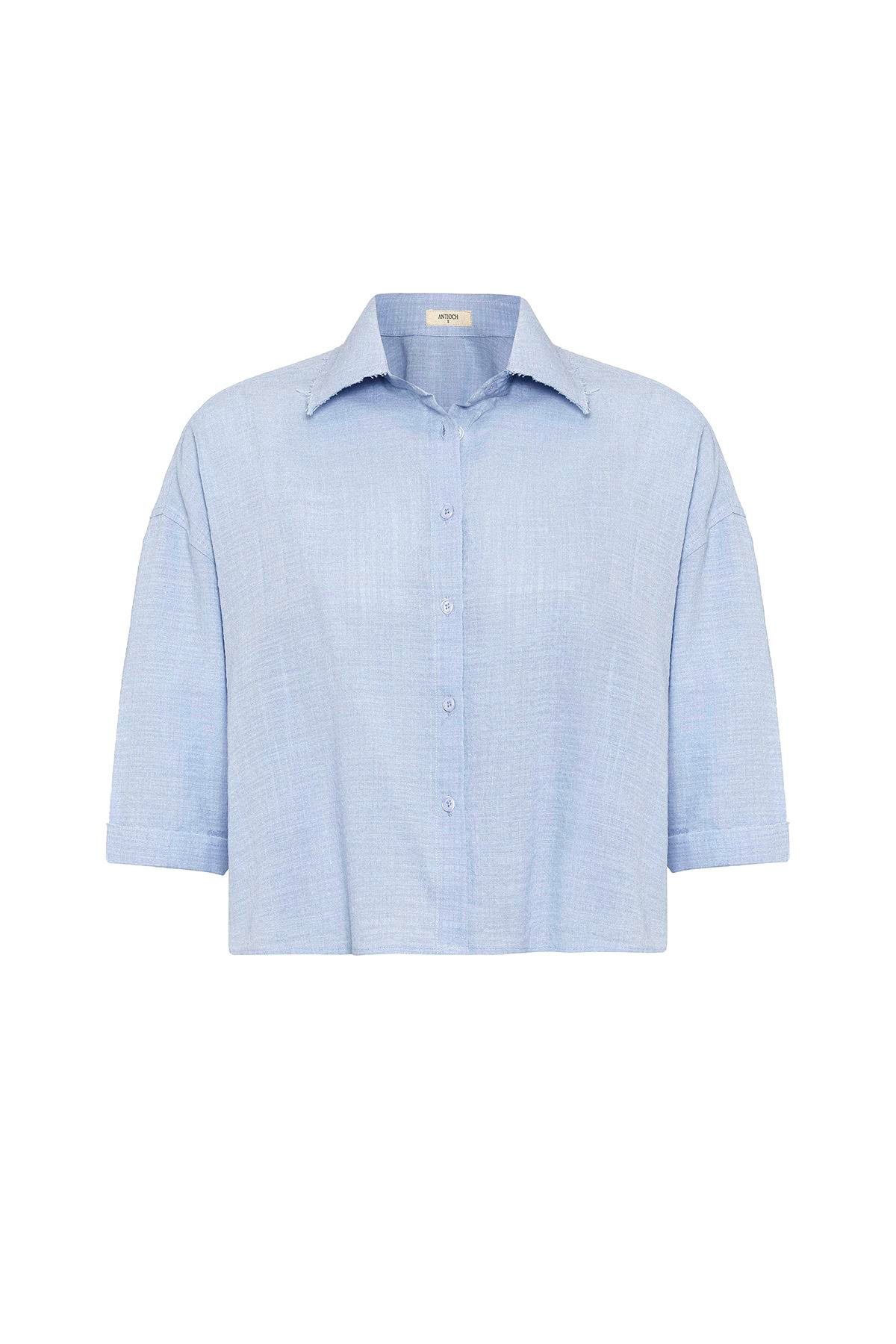 Antioch Mavi Crop Dokulu Kadın Gömlek