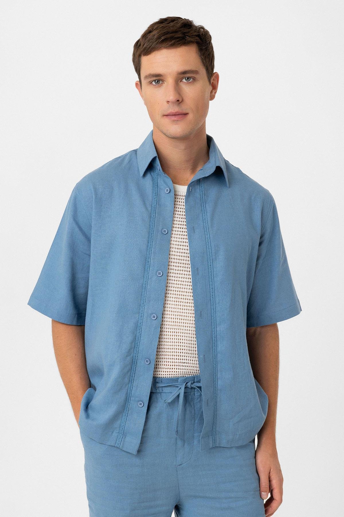 Antioch Mavi Keten Karışımlı Relaxed Erkek Gömlek